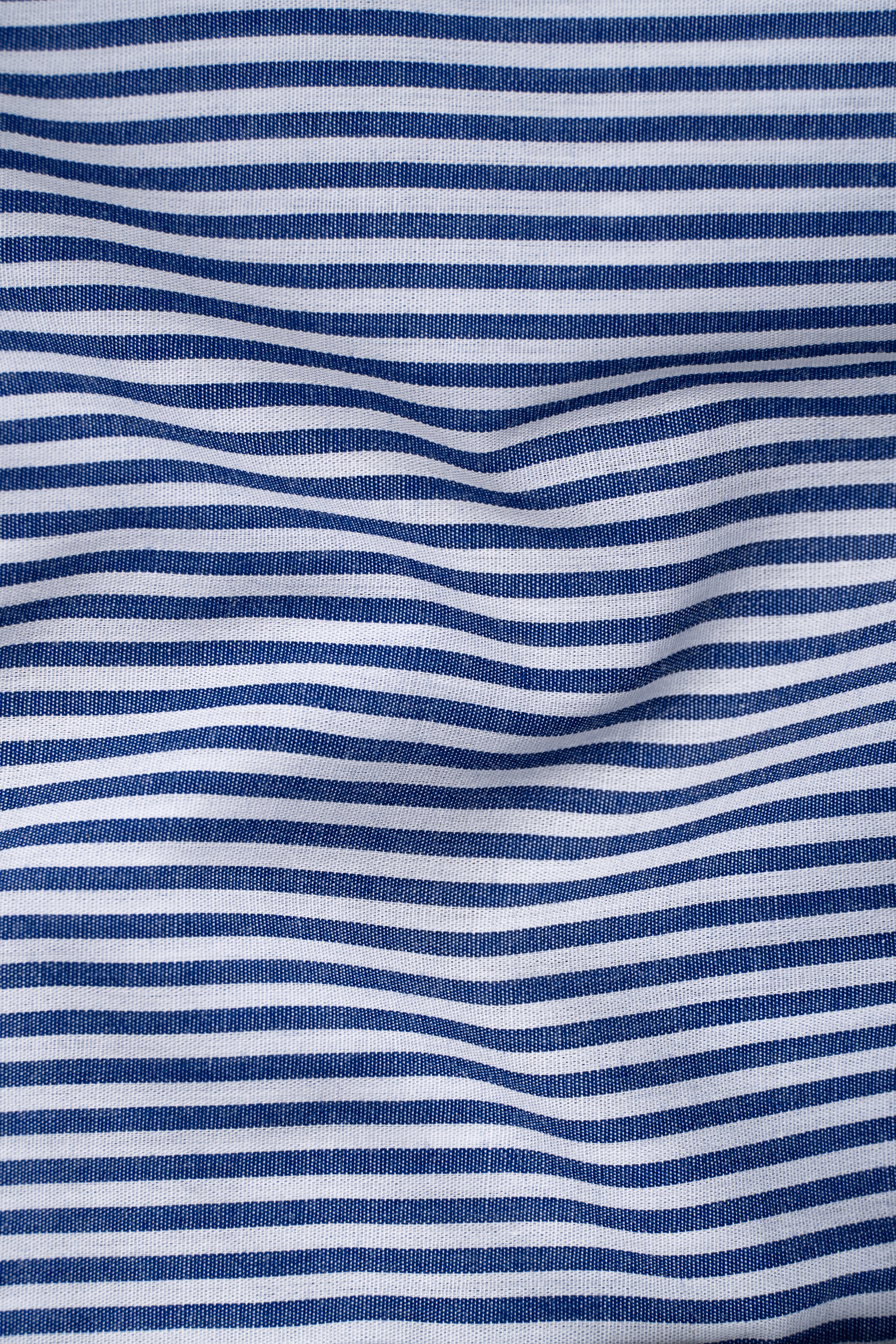 Sky blue and white striped shirt fabric with wavy horizontal lines
