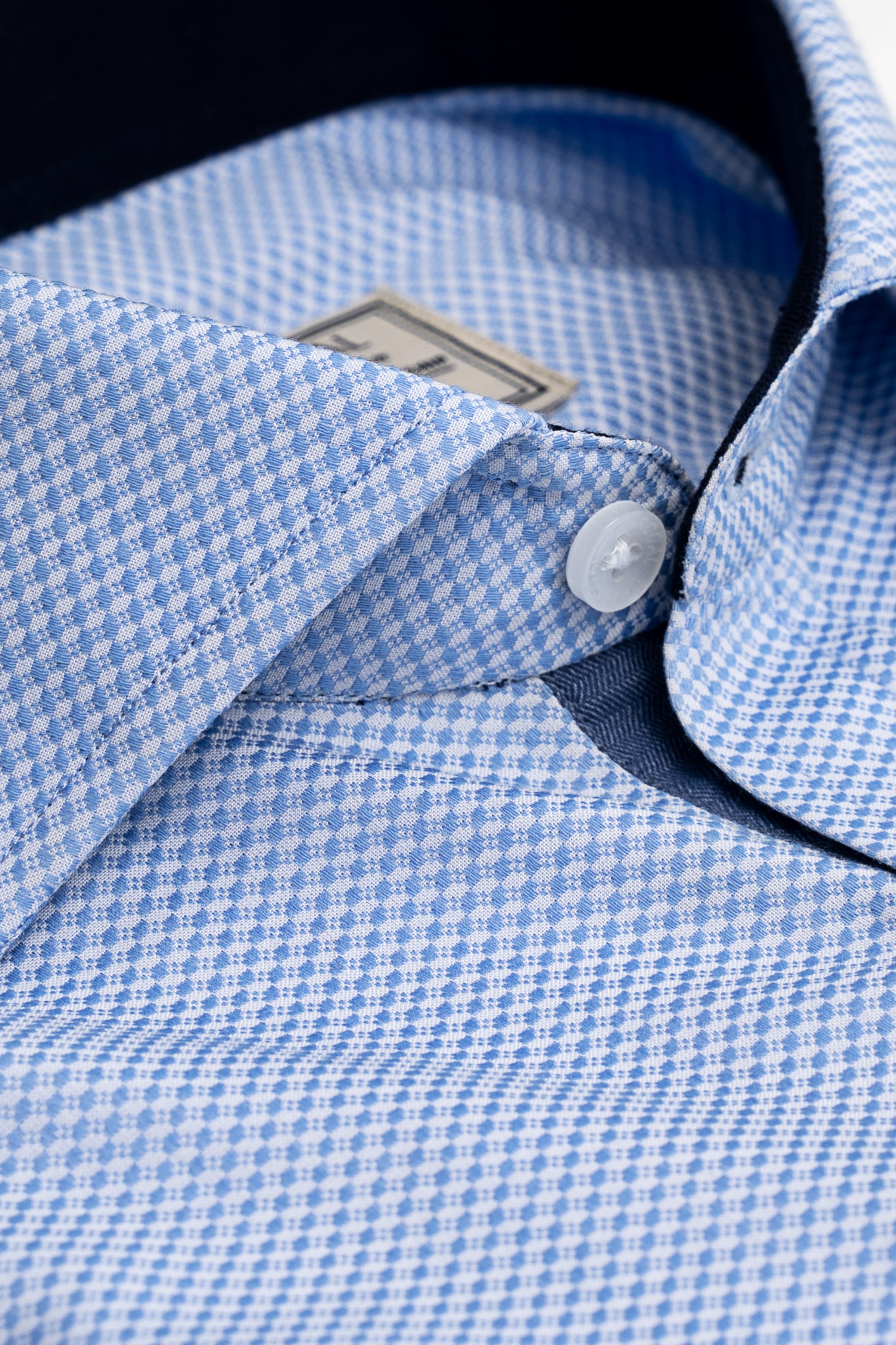 Sky blue dress shirt, geometric pattern, buttoned collar with CHARCOAL label