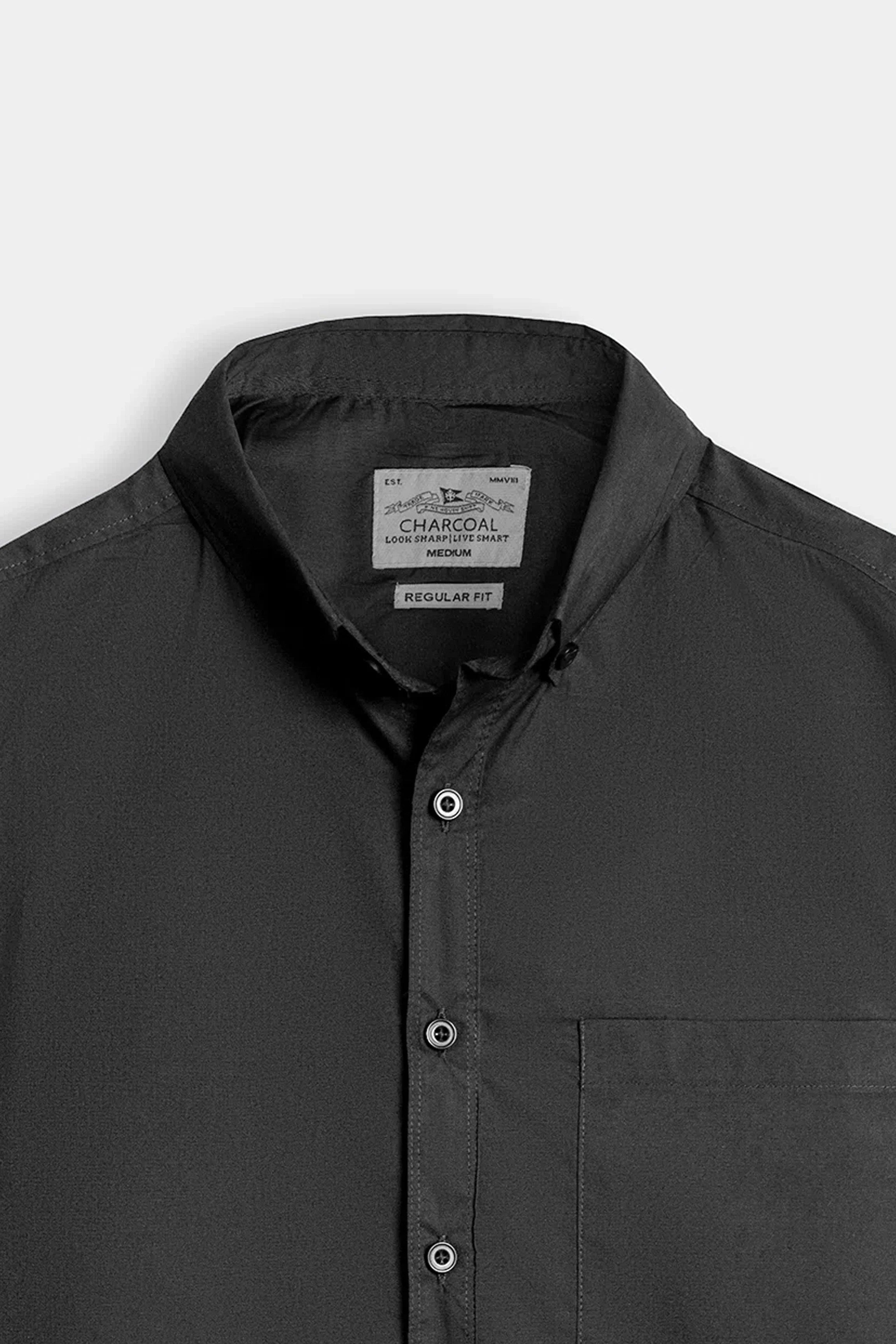 Dark charcoal button-down collar with front buttons and stitched placket