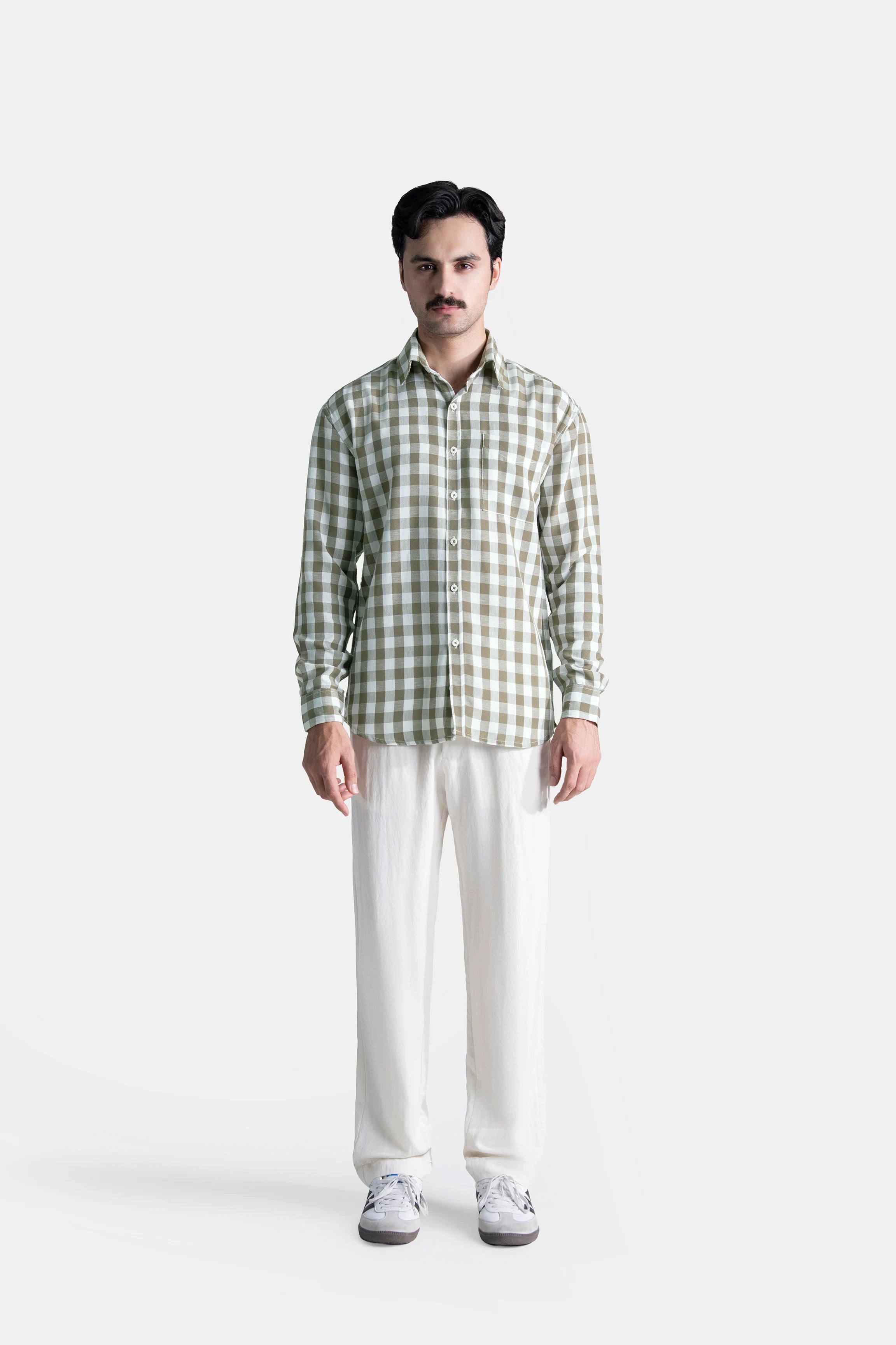 HIDDEN BUTTON DOWN CHECKERED CASUAL SHIRT GREEN CHECK