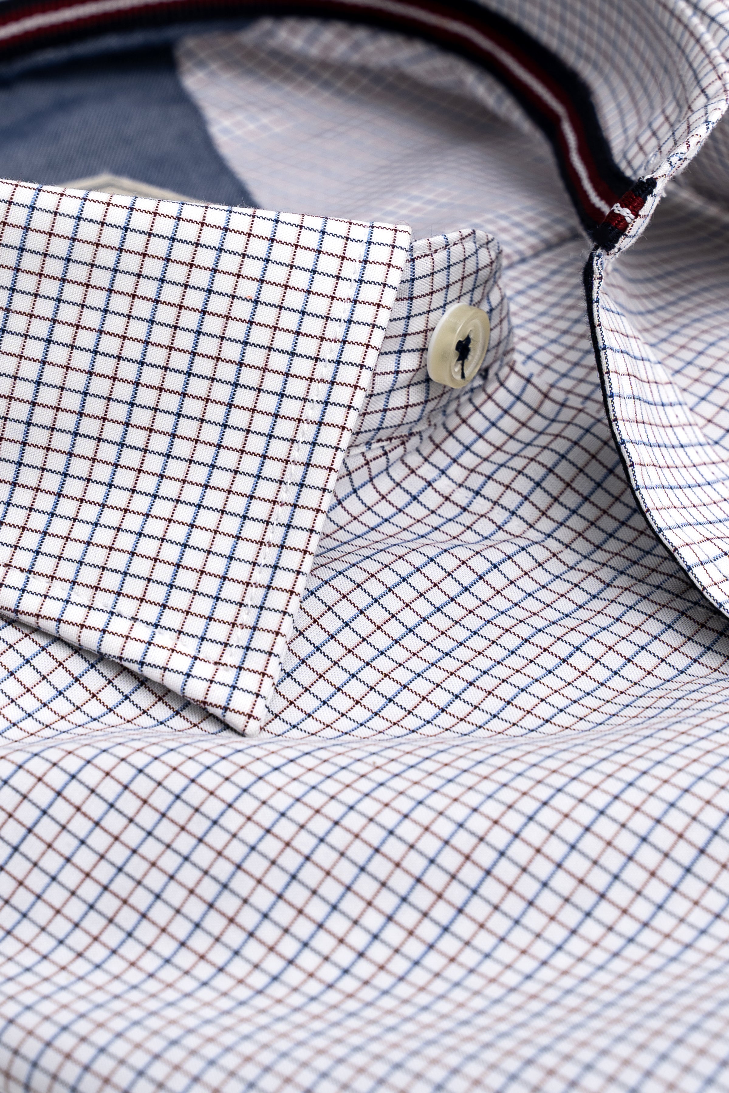 Limited edition dress shirt cuff detail, white with dark check and buttoned placket