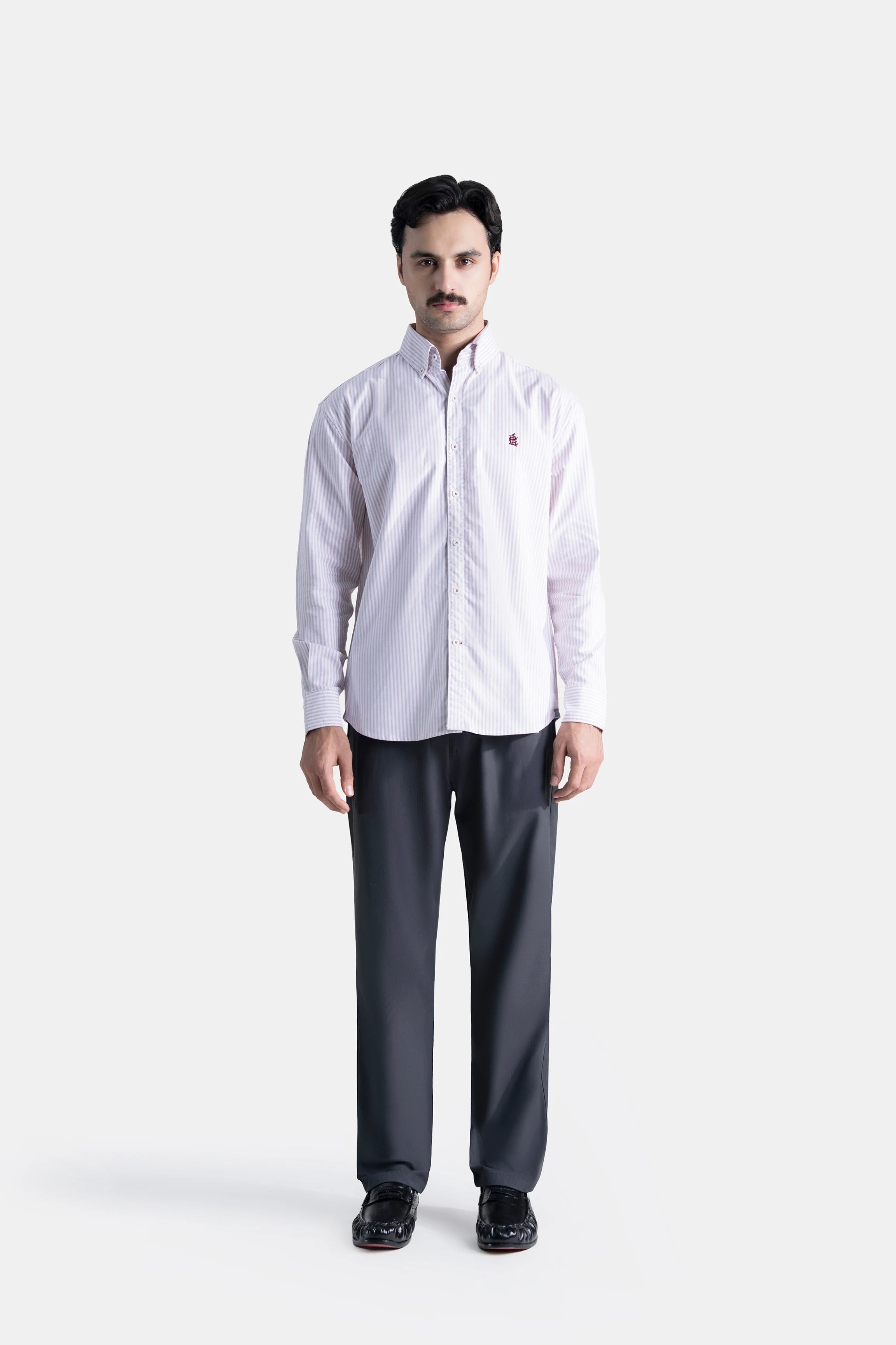 Pink striped button-down casual shirt with long sleeves and button front