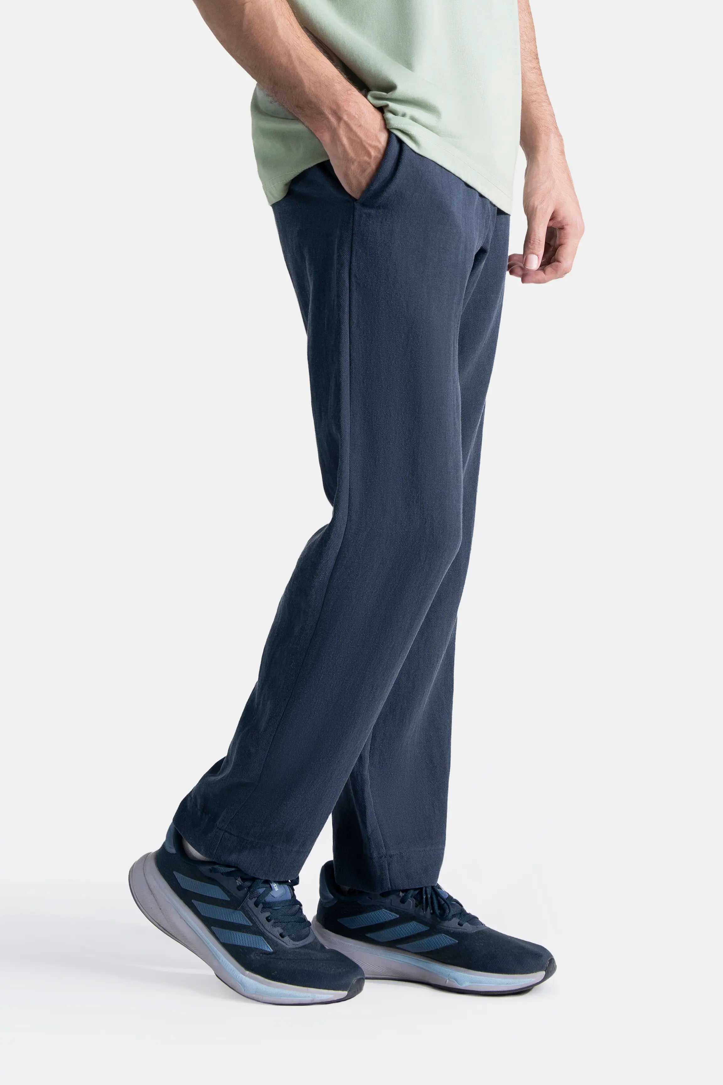 Navy straight-fit pants with front cross pocket and relaxed straight leg