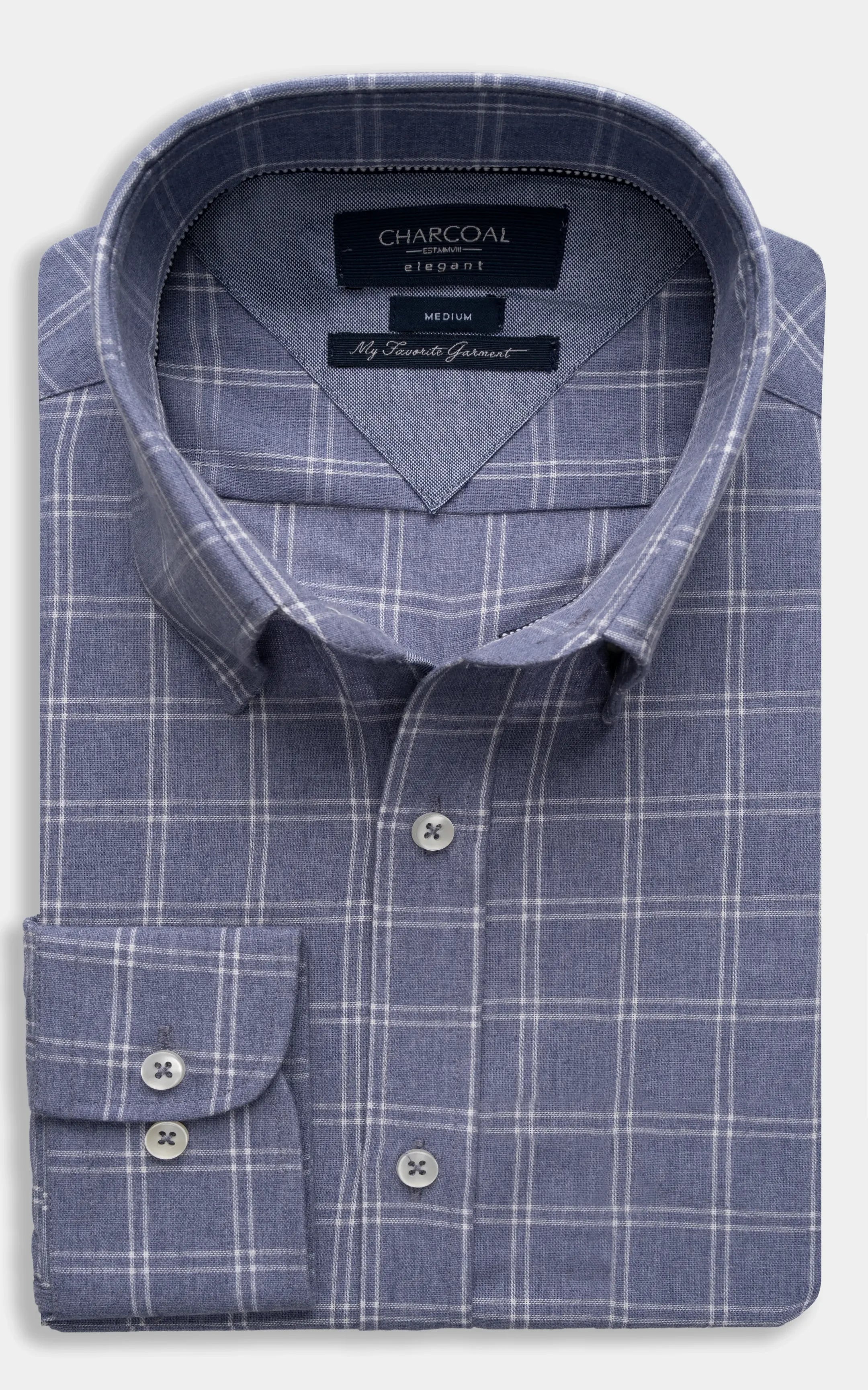 Sky blue checkered button-up shirt with button-down collar and chest pocket