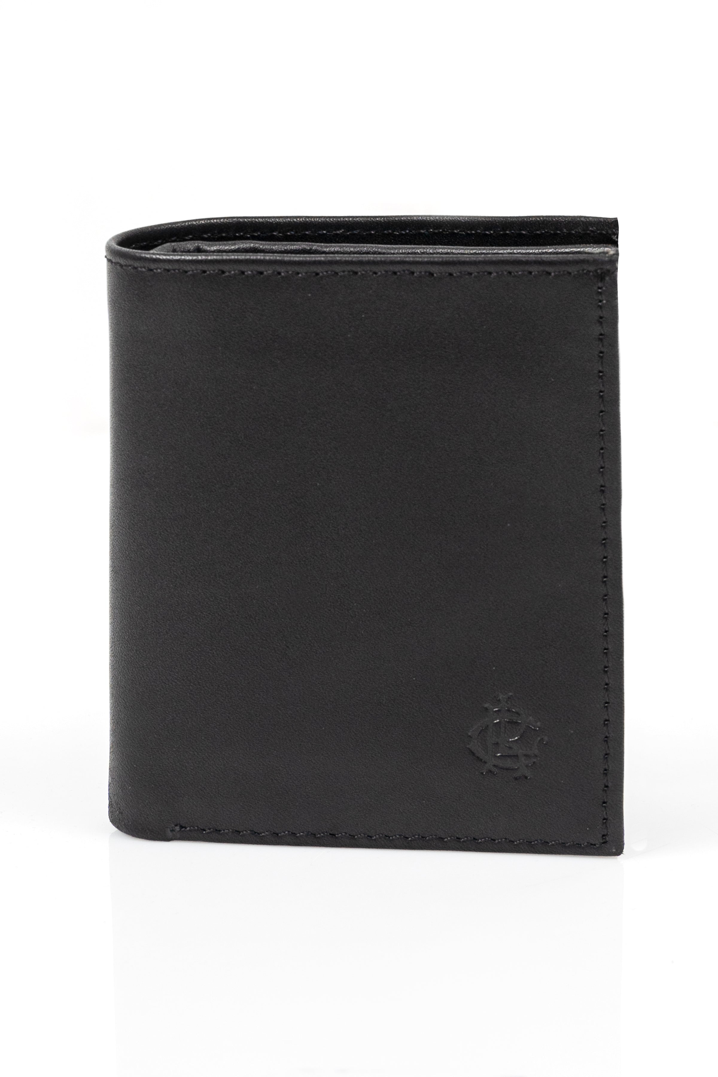 Black leather wallet with embossed logo on front