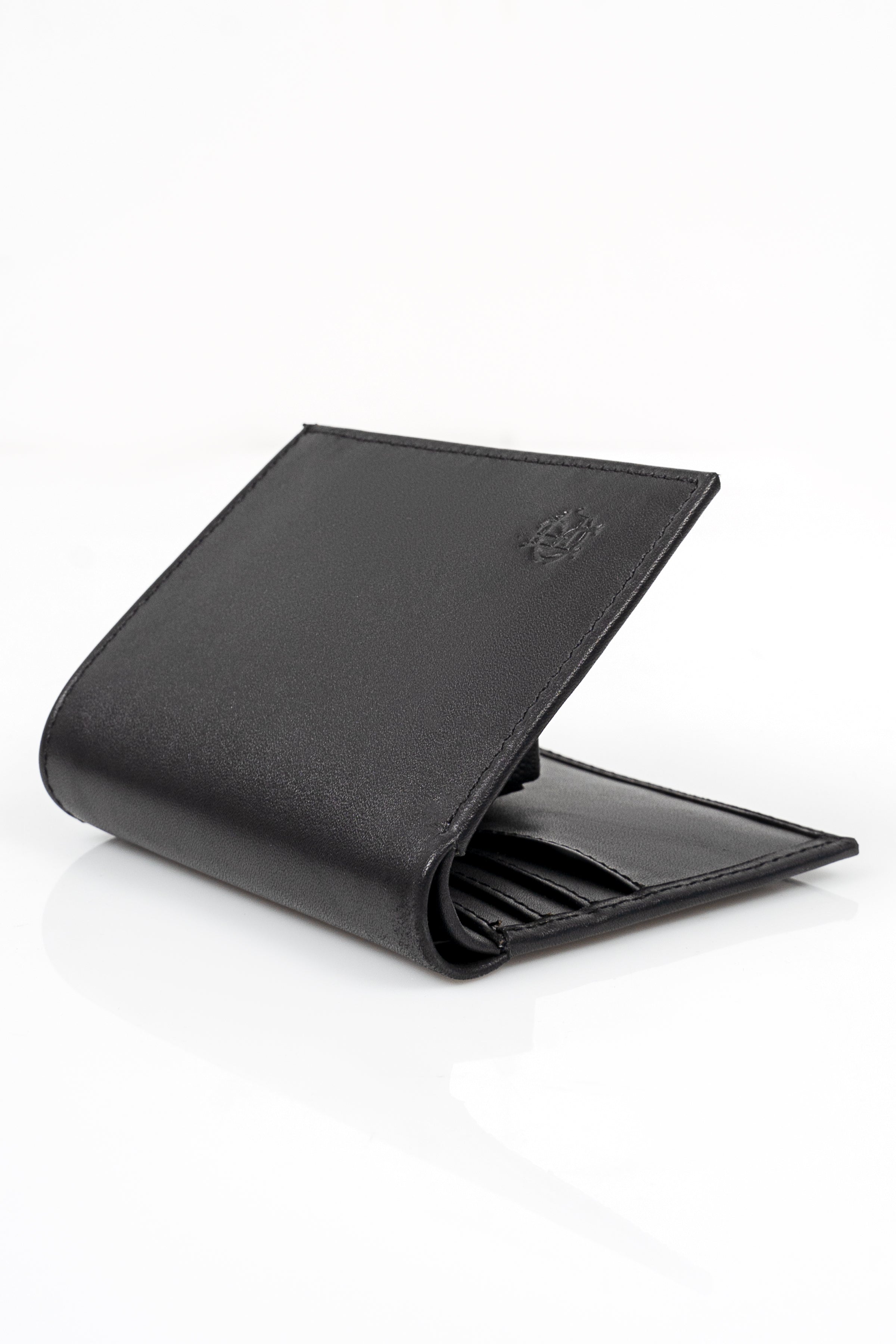 Black leather wallet partially open, showing card slots