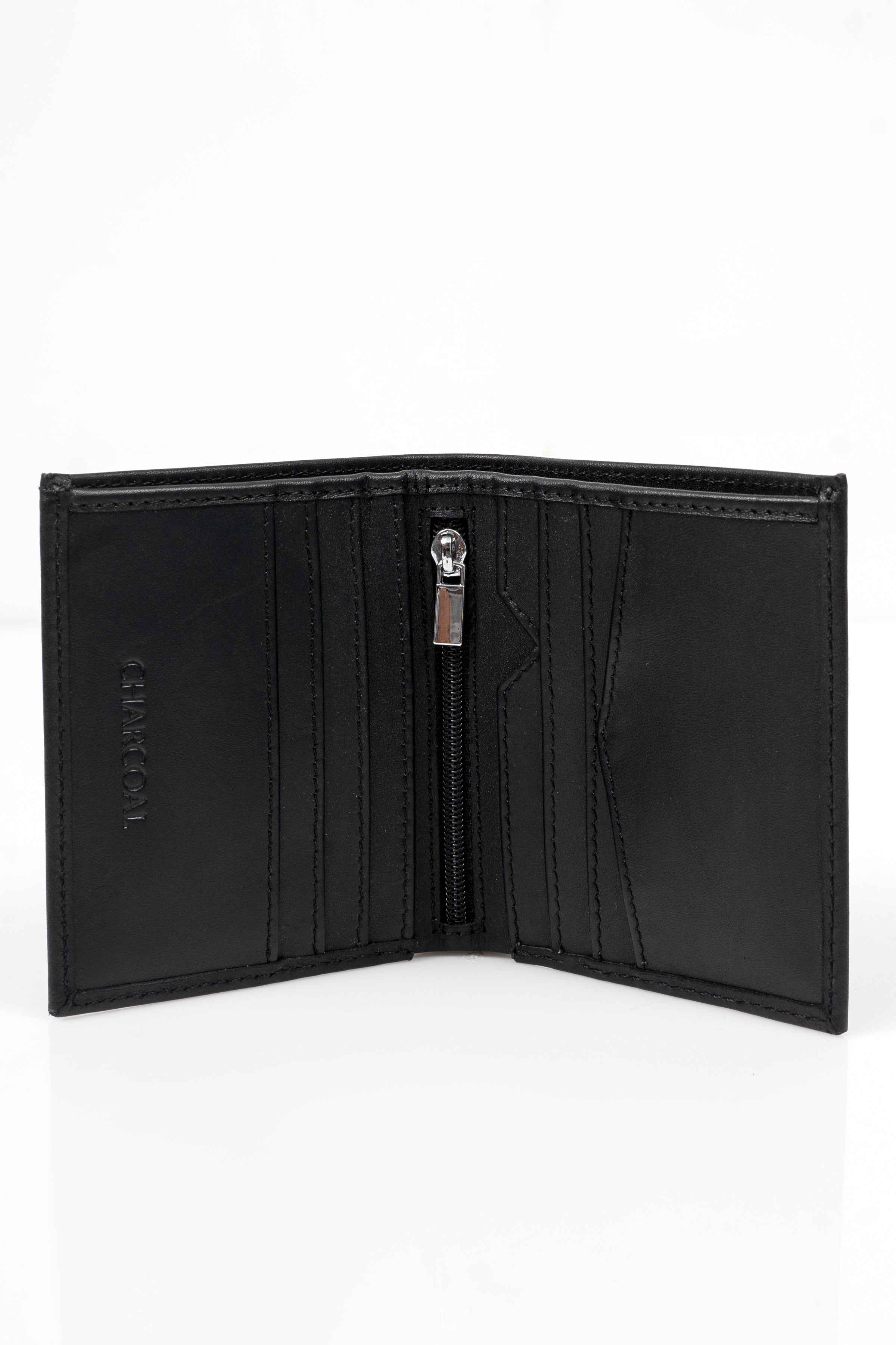 Black bi-fold wallet with zipper and multiple card compartments