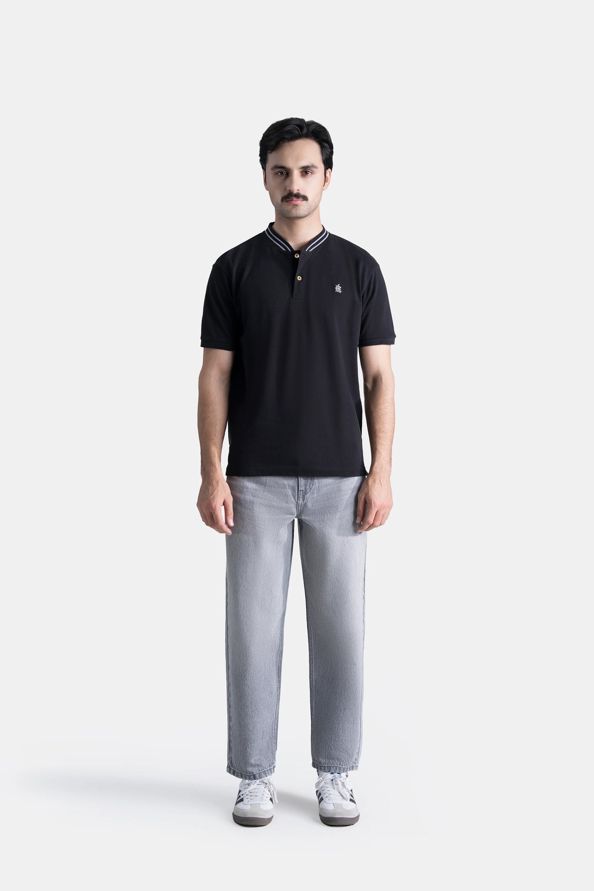 Black short-sleeve henley shirt with striped collar and two-button placket