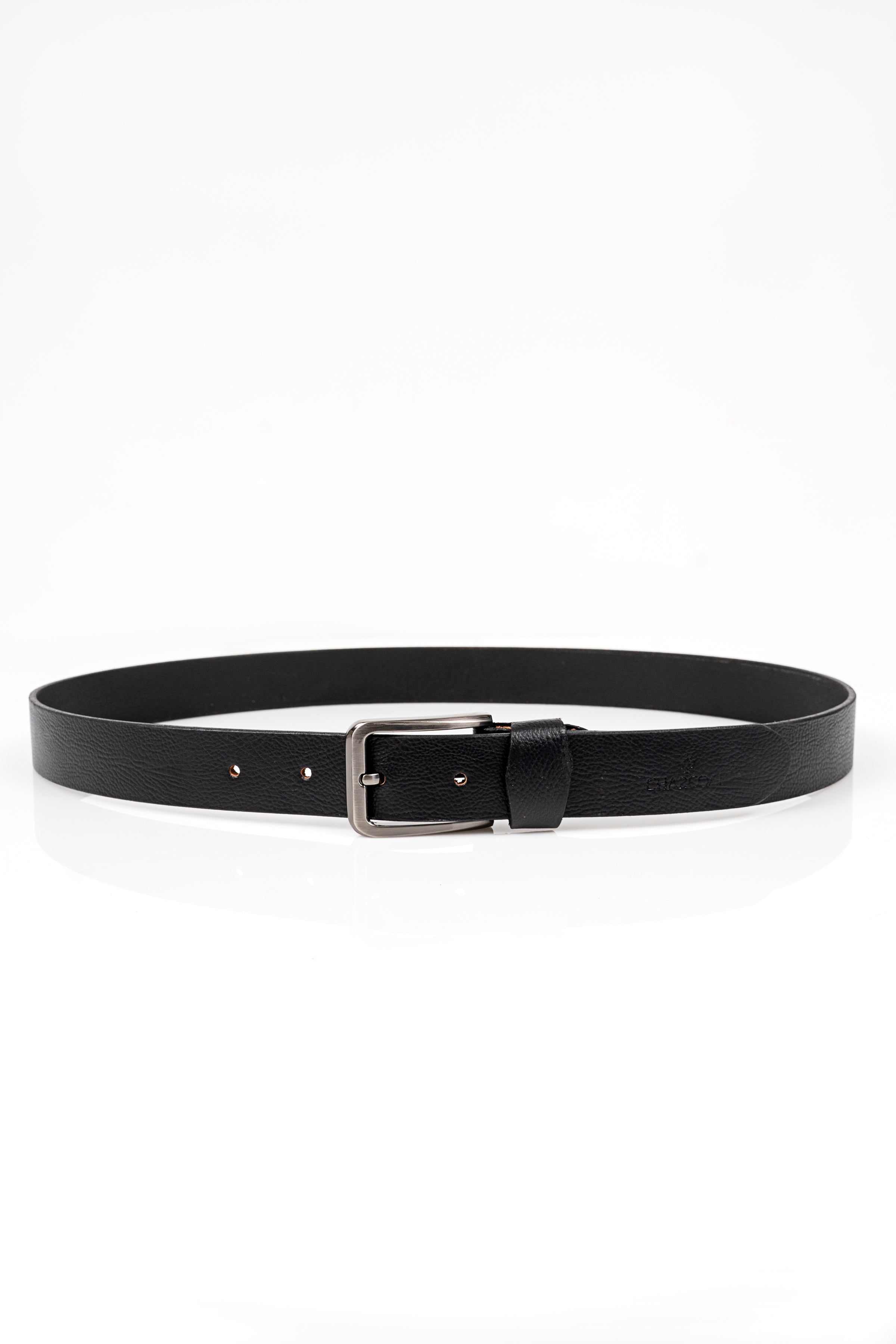 Black leather casual belt with silver buckle, prong bar closure