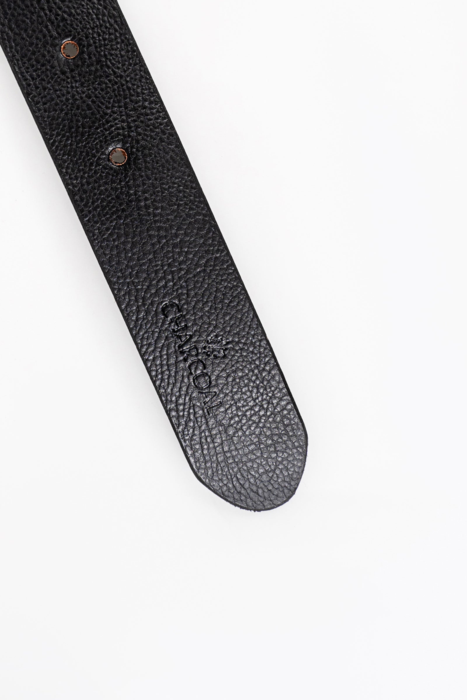 Black leather belt end with two rivets and textured grain finish