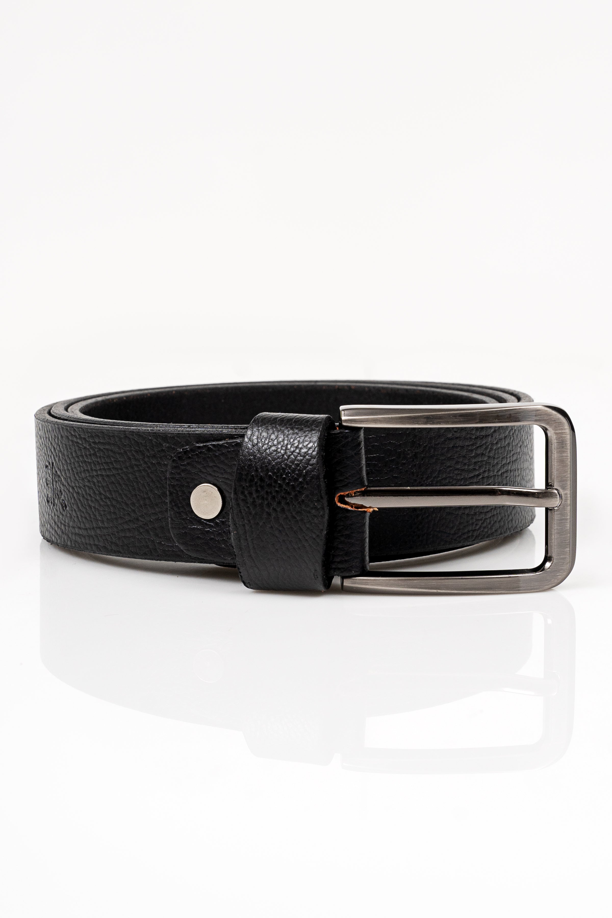 Black leather casual belt with silver rectangular buckle and single leather keeper
