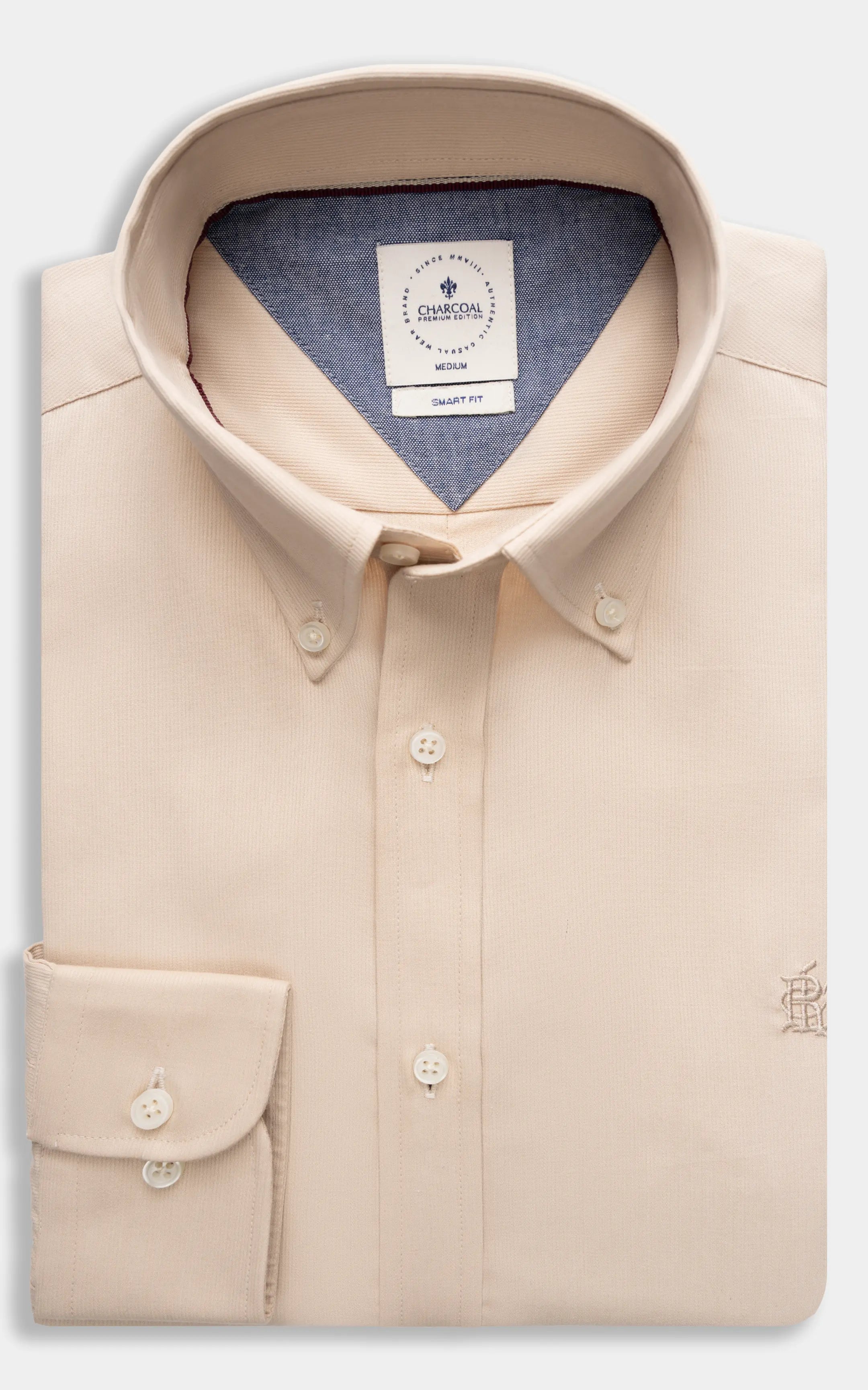 Khaki button-down smart shirt with open collar and chest pocket