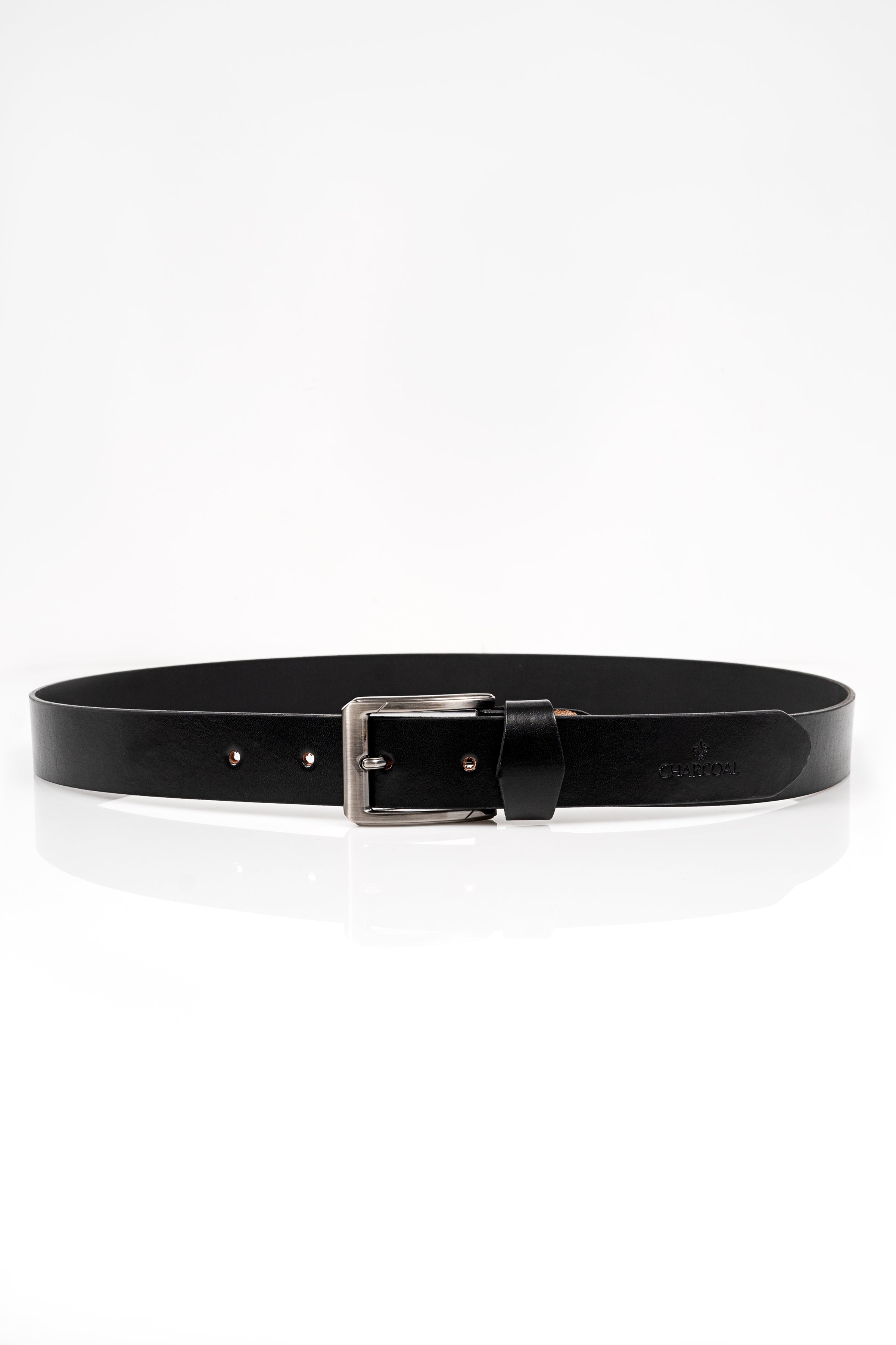 Black leather belt with silver rectangular buckle and two adjustment holes