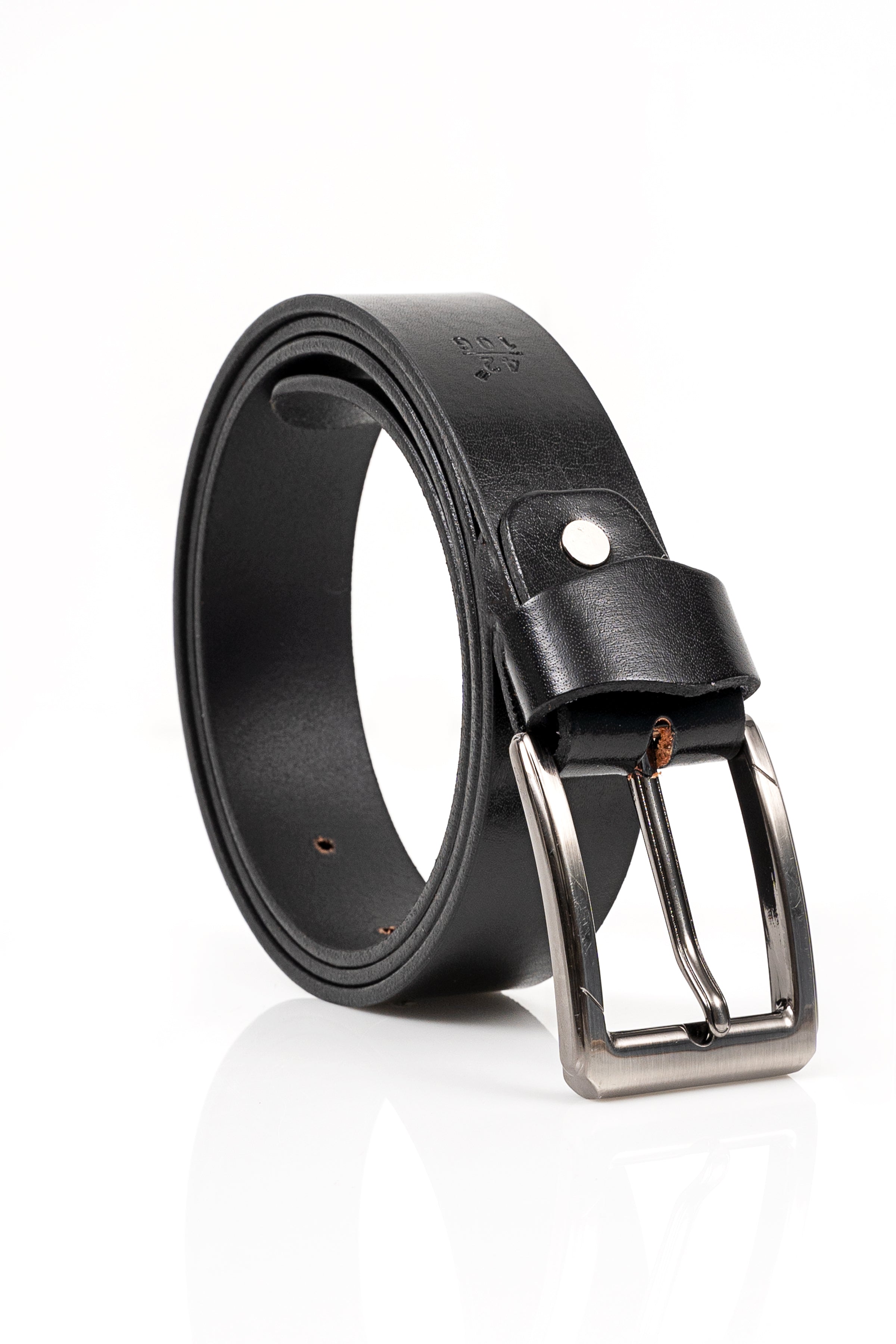Black casual belt with silver metal buckle and stitched leather strap