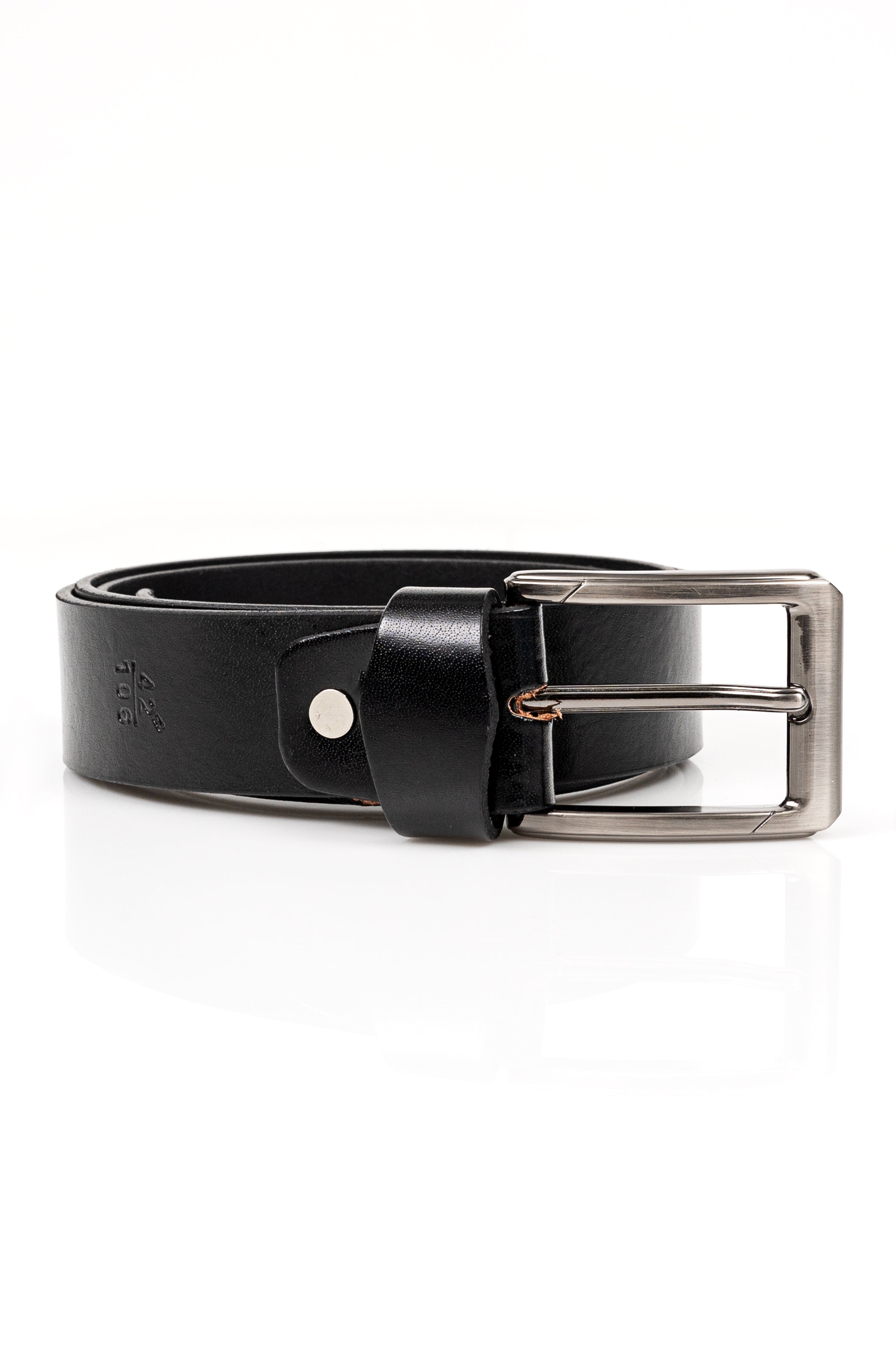Black leather belt with silver buckle and studded strap holes
