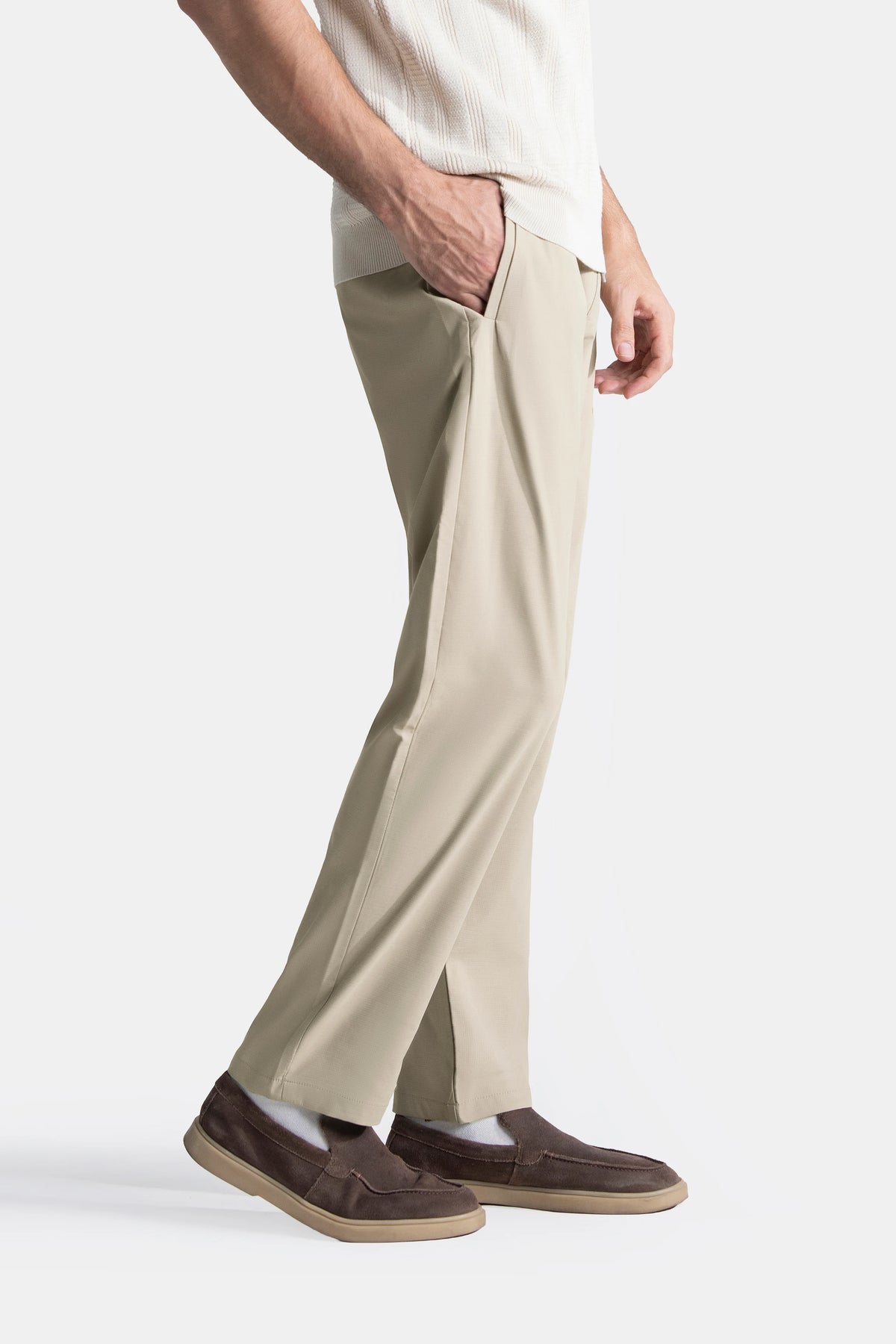 Beige straight-fit casual trousers, side view with straight tapered leg