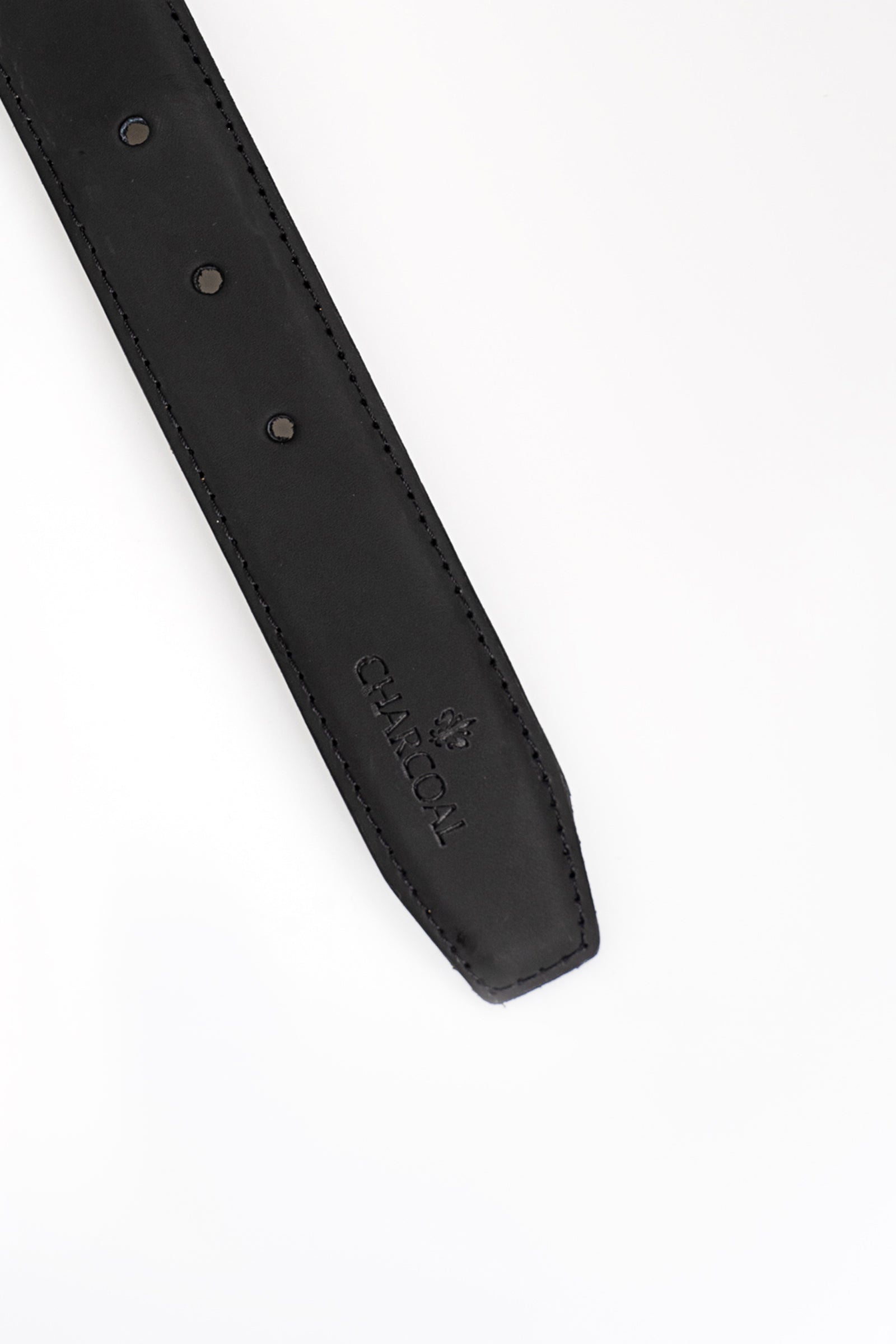 Black leather belt strap with stitched holes and small embossed logo