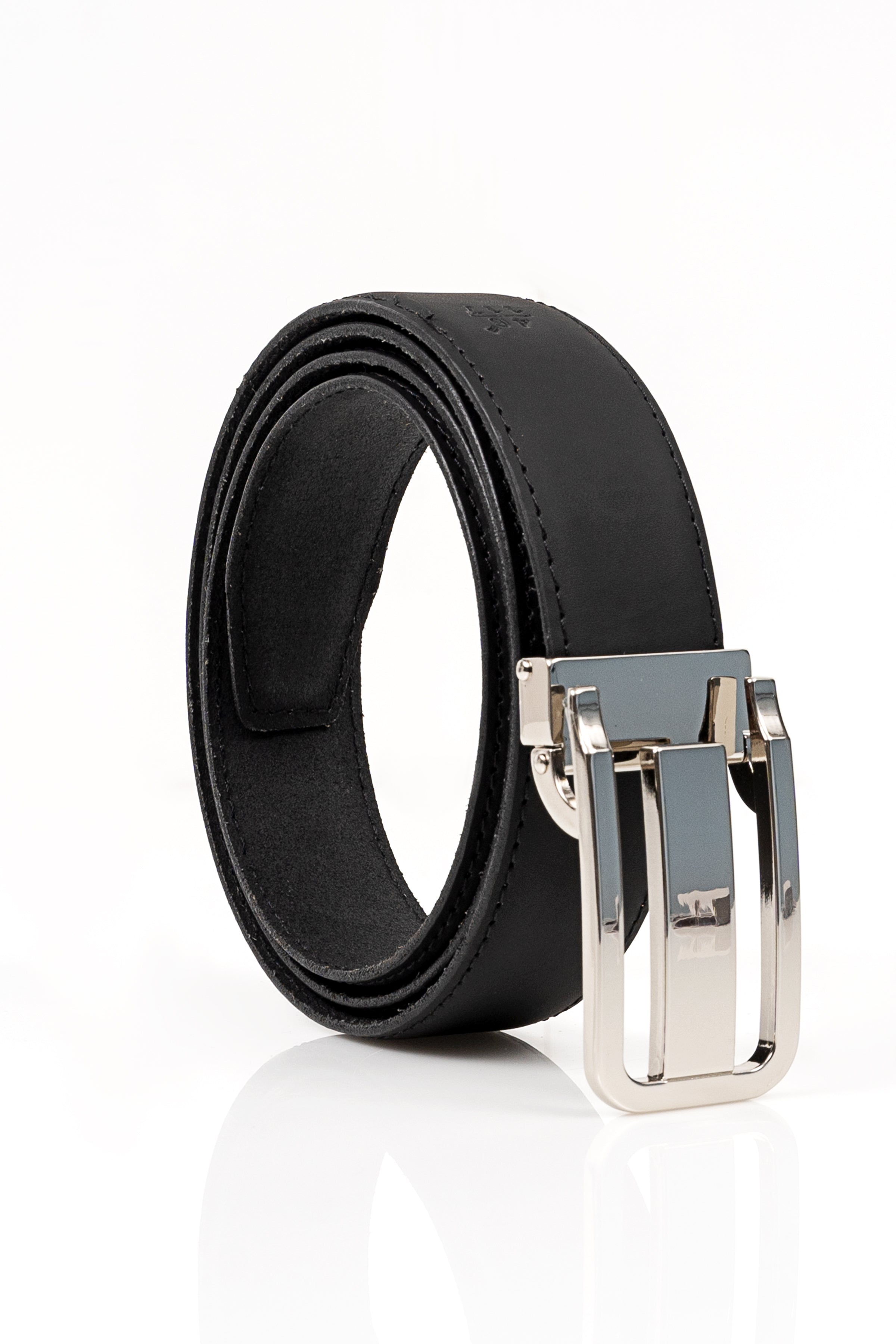 Black formal belt with silver rectangular buckle and stitched edge