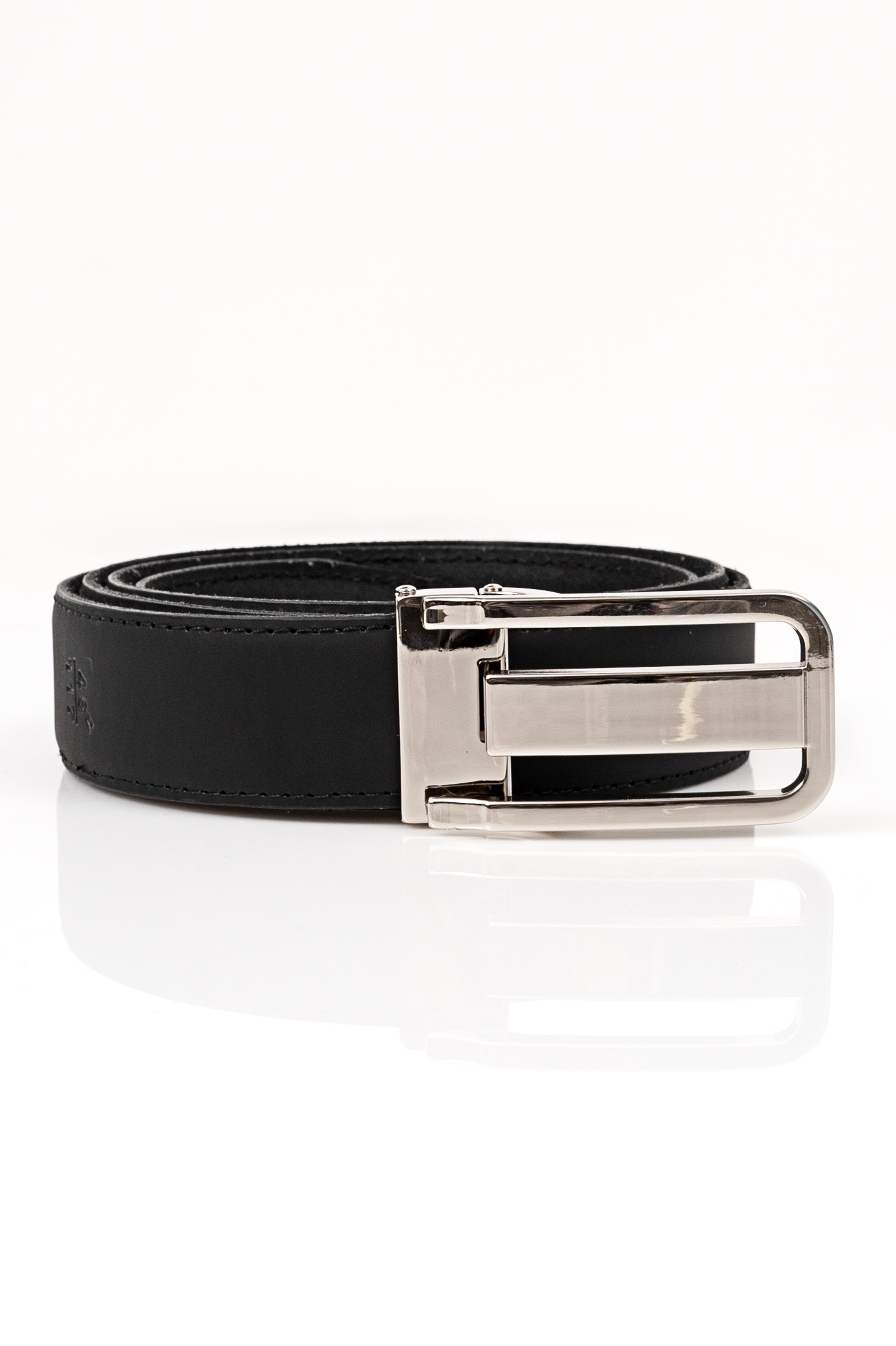 Black formal belt with wide silver buckle and stitched leather band
