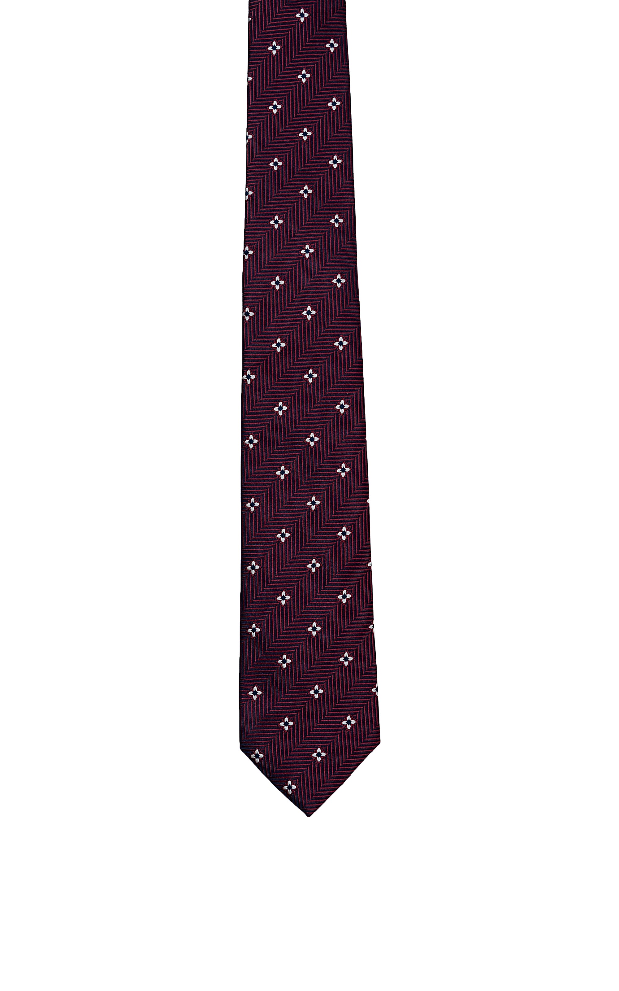 Burgundy necktie with scattered small white cross-and-flower pattern