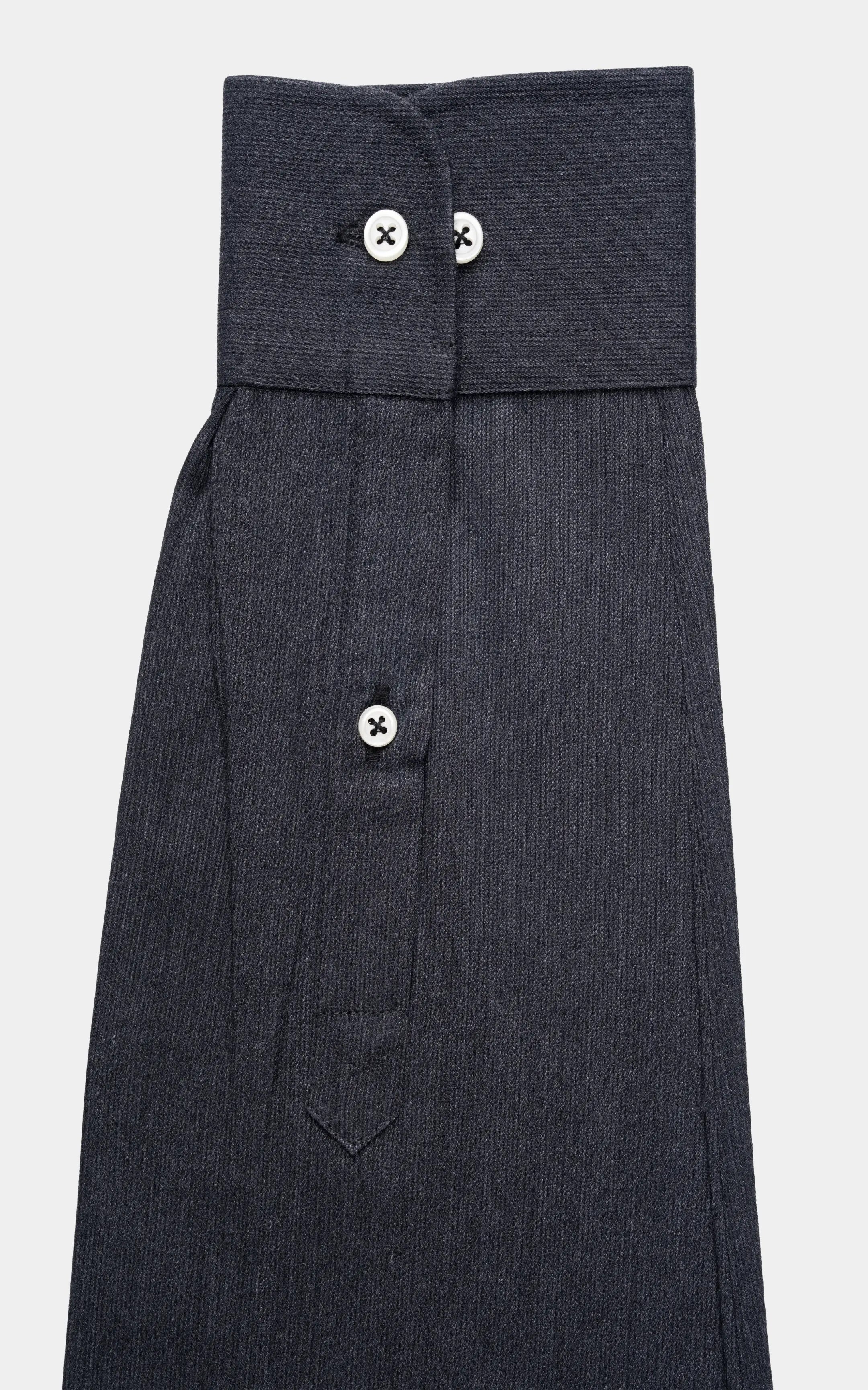 Charcoal grey button-down shirt front view with placket and small chest pocket
