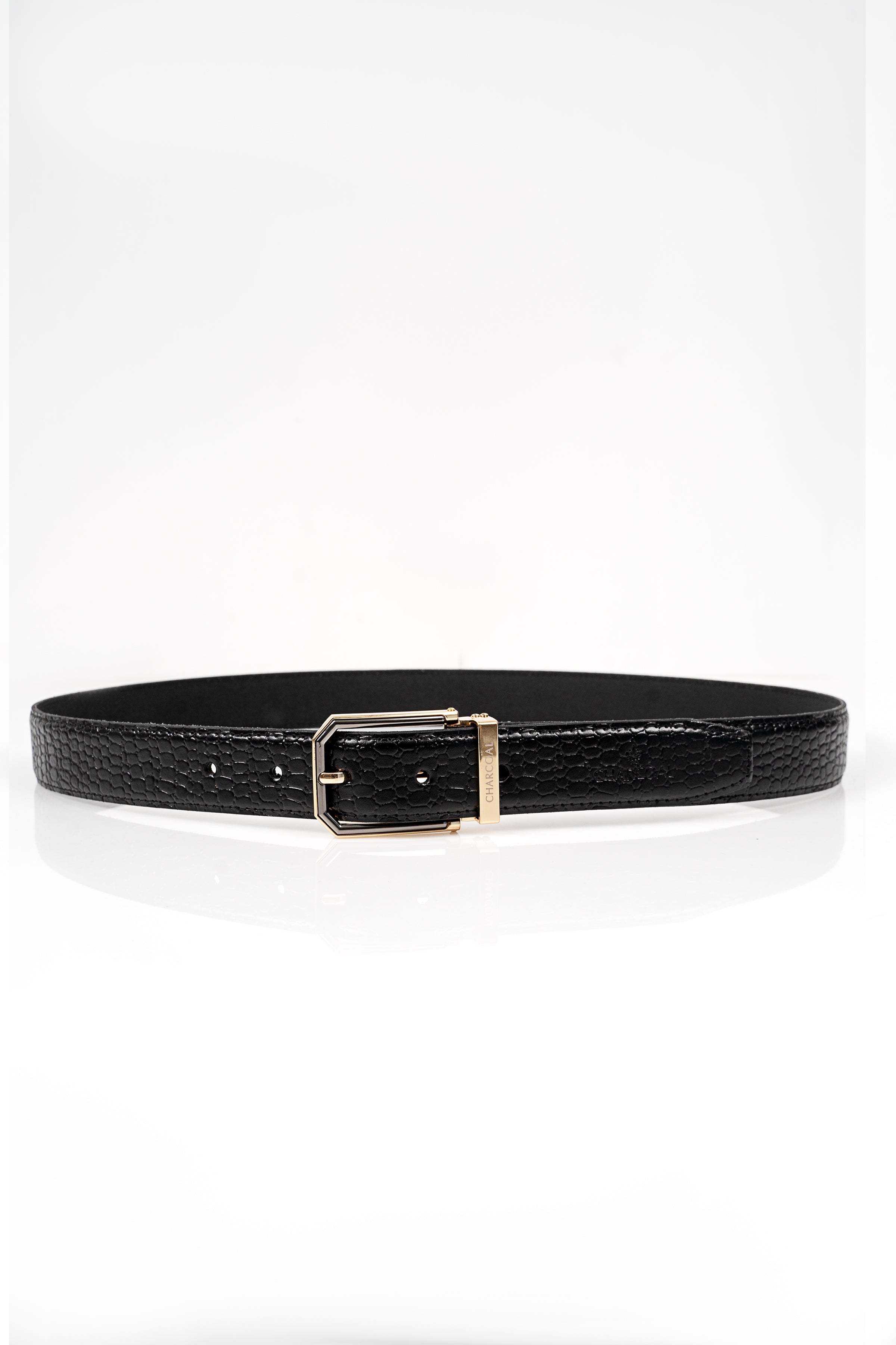 Black crocodile-textured belt with gold-tone rectangular buckle and smooth keeper