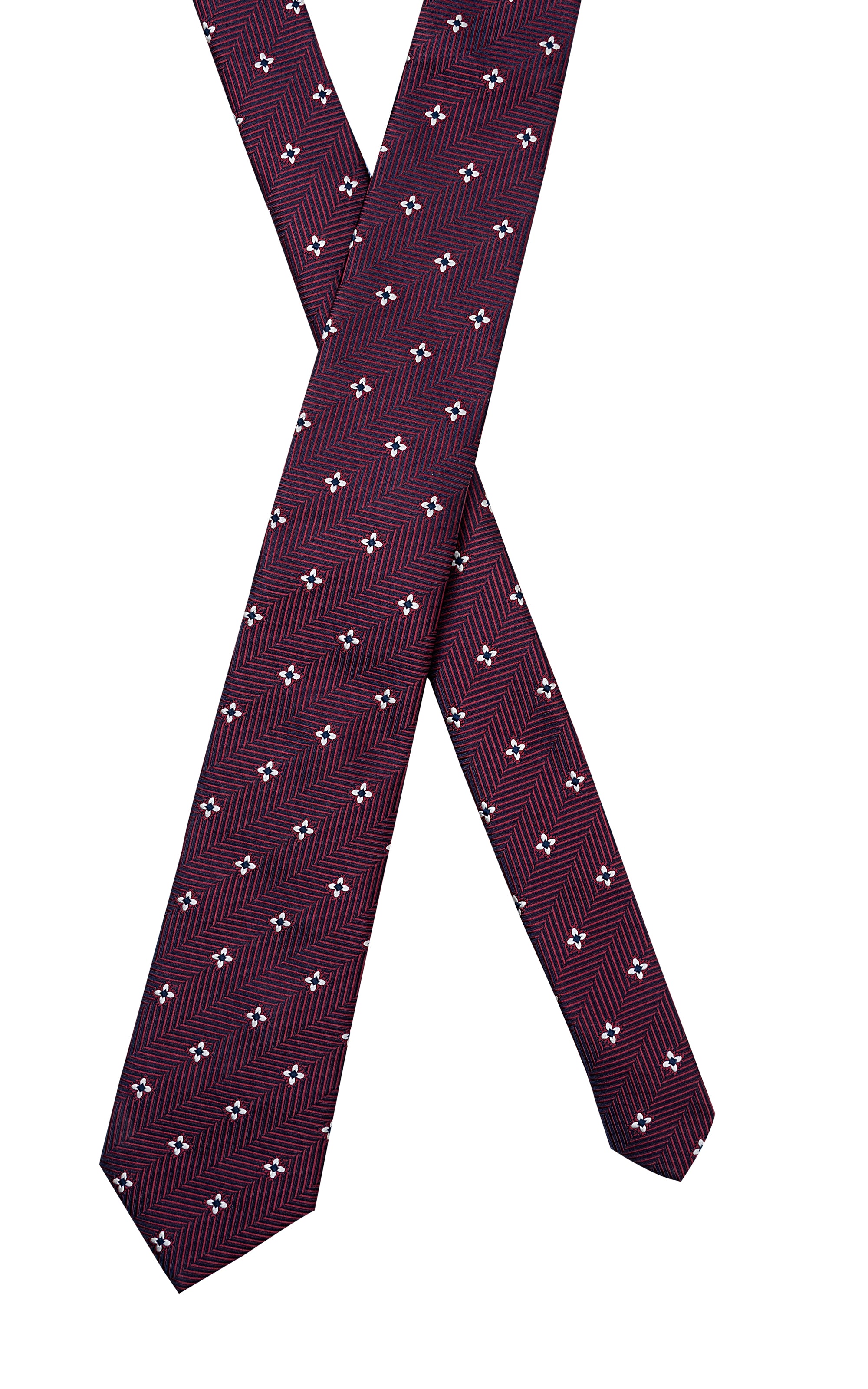 Burgundy polyester silk tie with small geometric flower-dot pattern