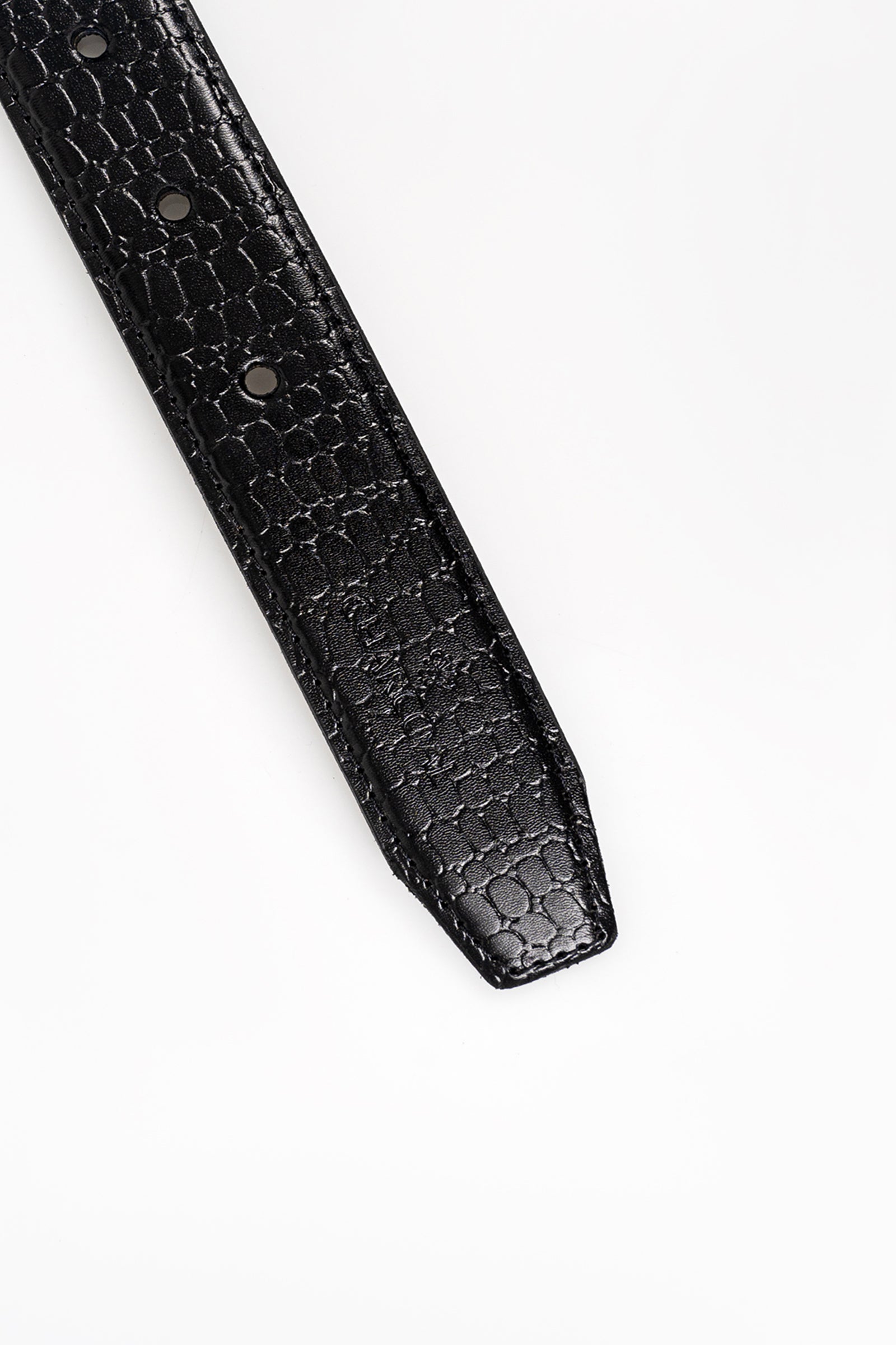 Black crocodile-textured belt strap detail with two metal rivets