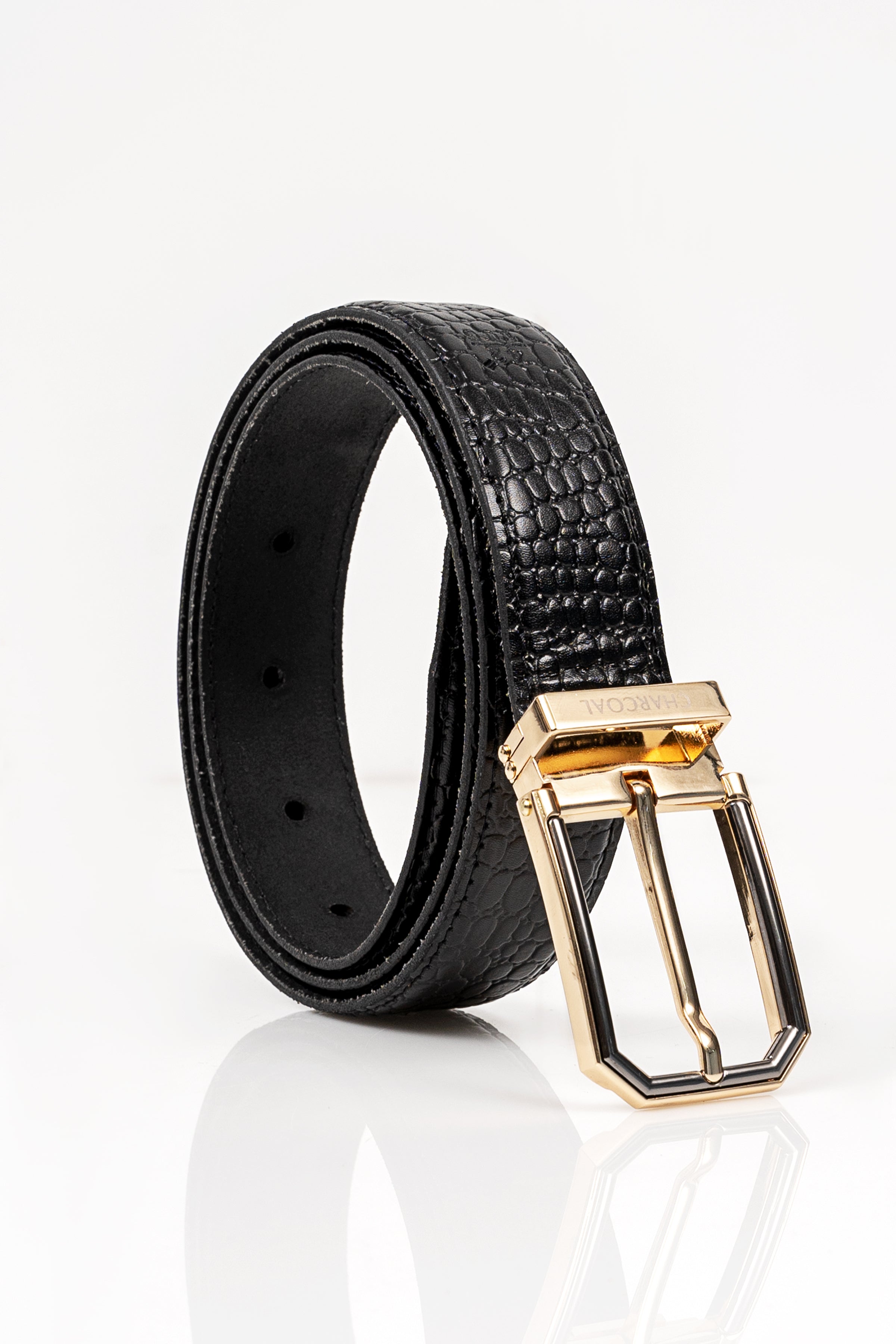 Black crocodile-textured belt with gold-tone buckle and punched holes
