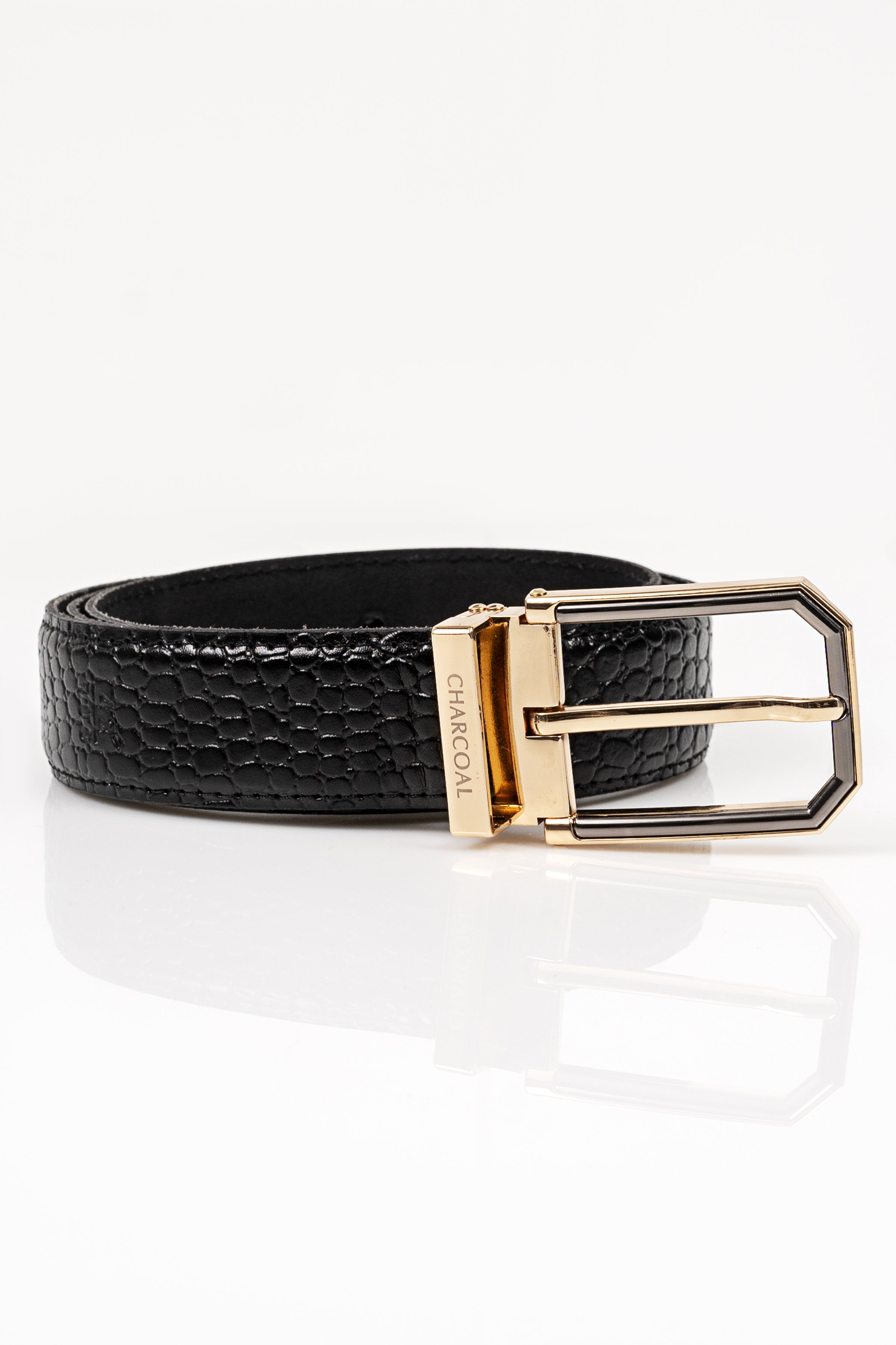Black crocodile-textured belt with rectangular gold-tone buckle and keeper