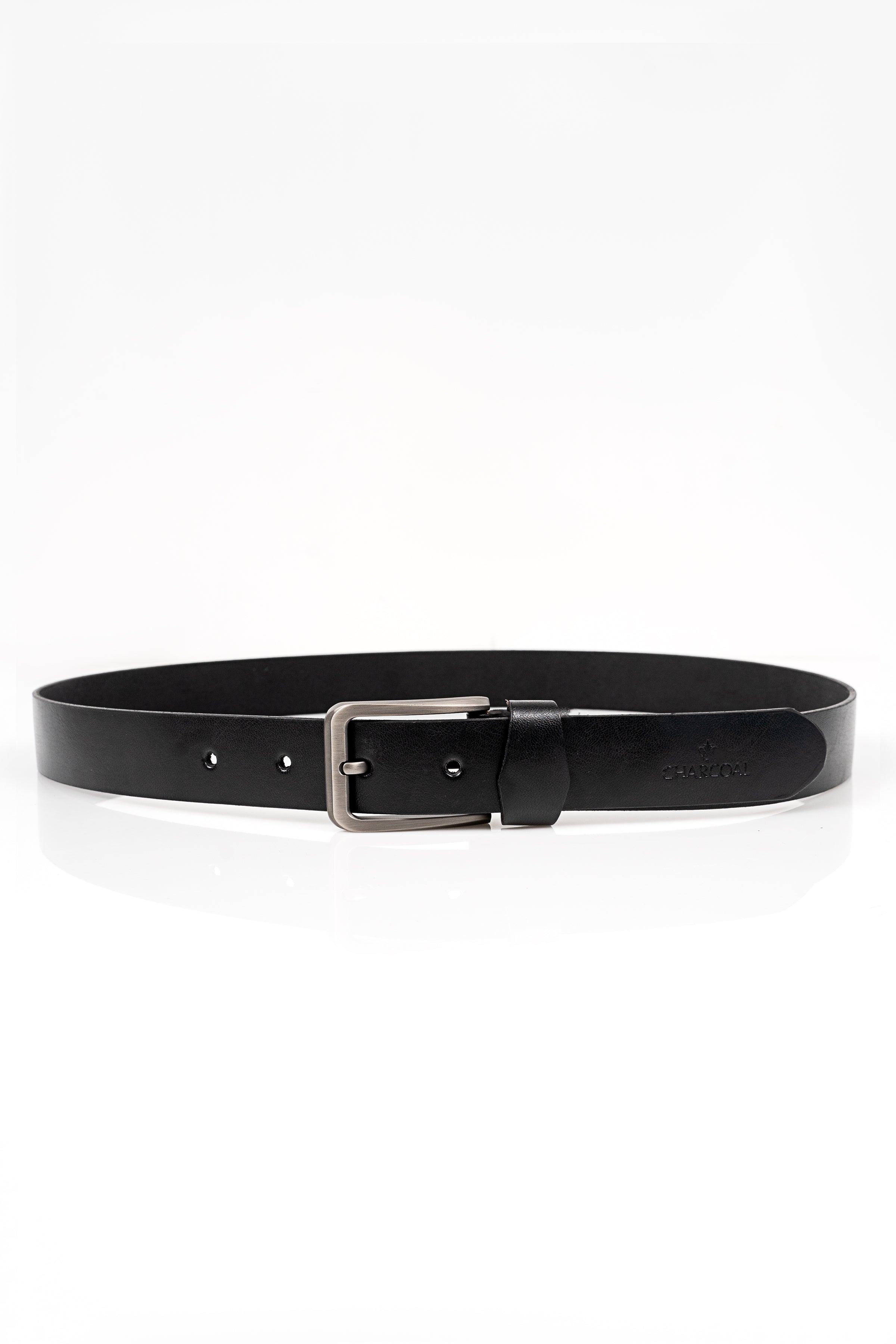 Black leather casual belt with silver square buckle and belt loop