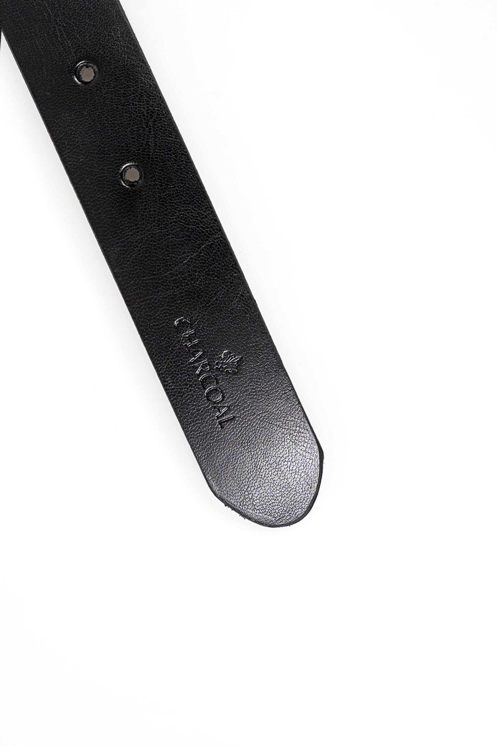 Black leather belt end with two rivet holes and embossed lettering