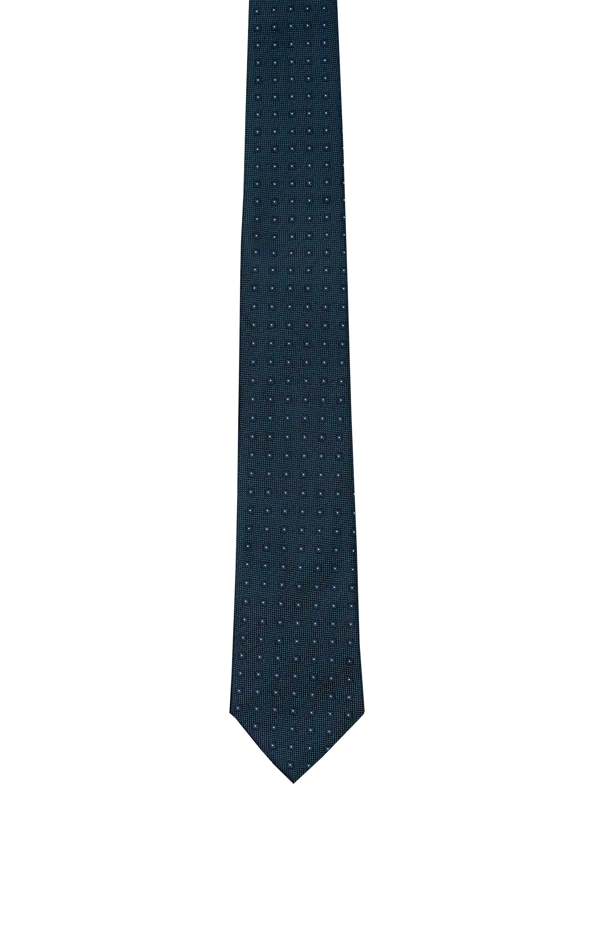 Poly silk tie in dark teal with small dotted pattern.