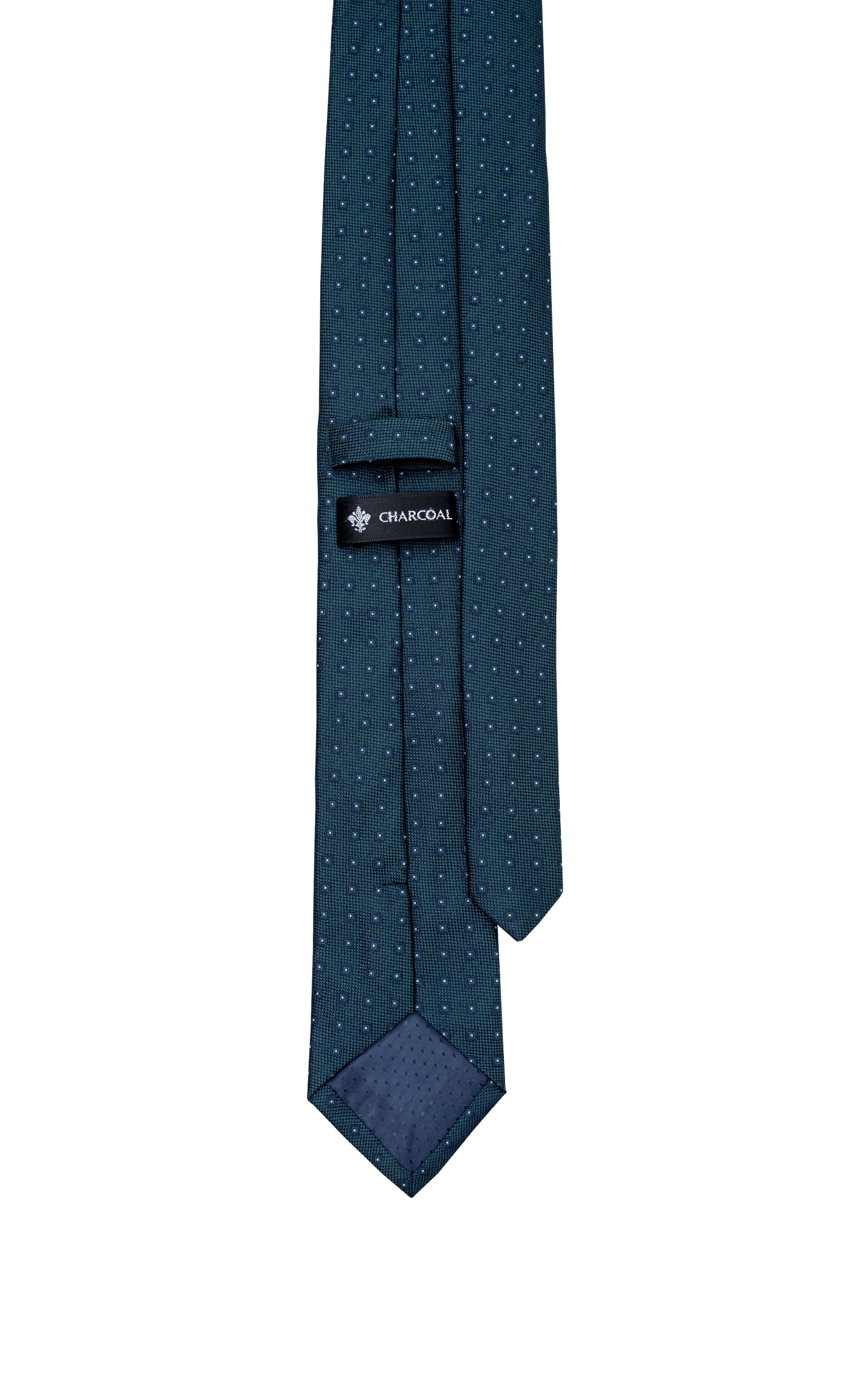 Dark teal necktie with small dotted pattern and folded keeper loop.