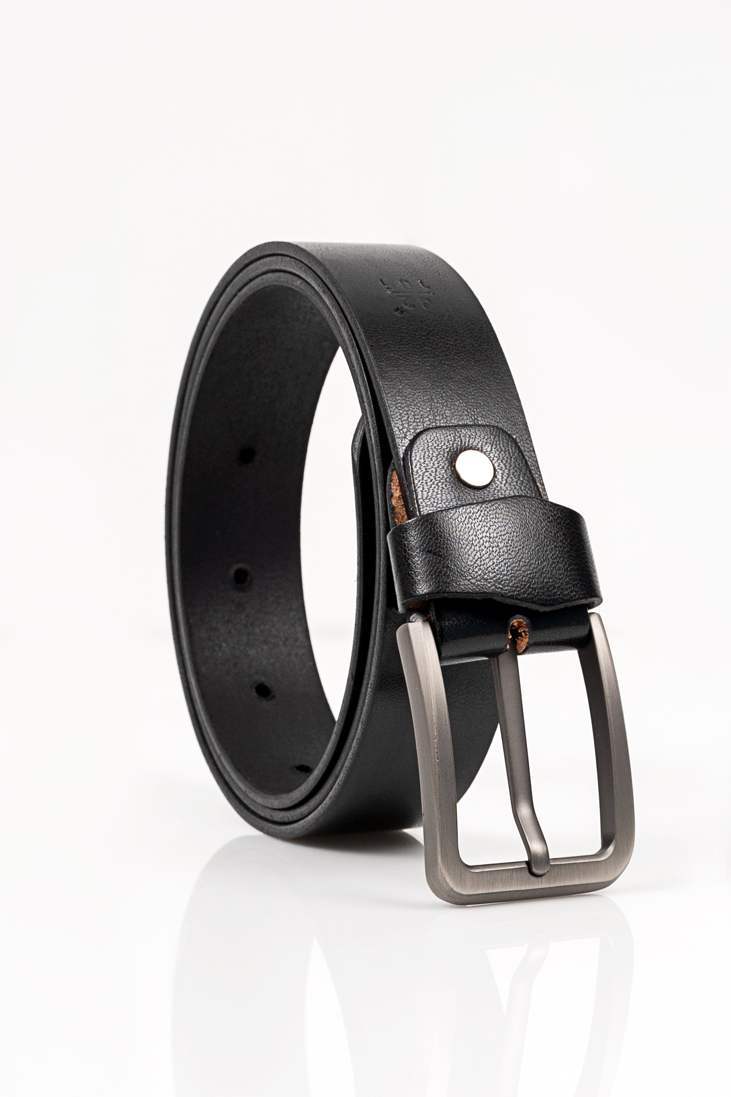Black leather casual belt with silver buckle and stitched keeper strap