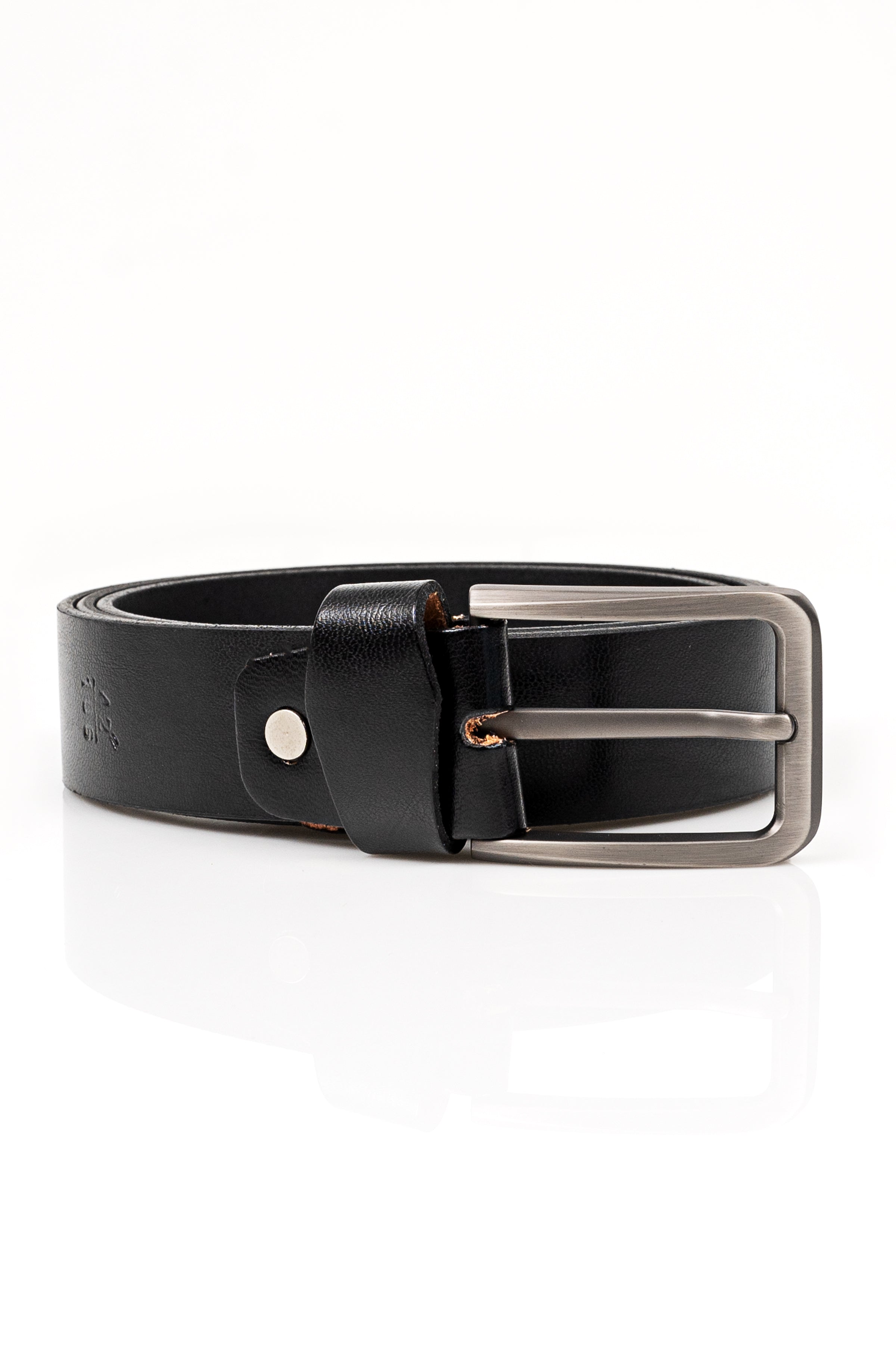 Black casual belt with metal buckle, keeper strap, and punched holes