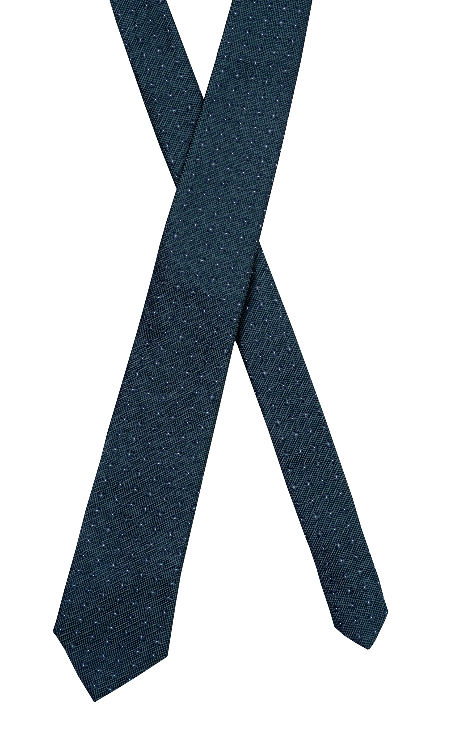 Dark teal tie with small dotted pattern, crossed front view.