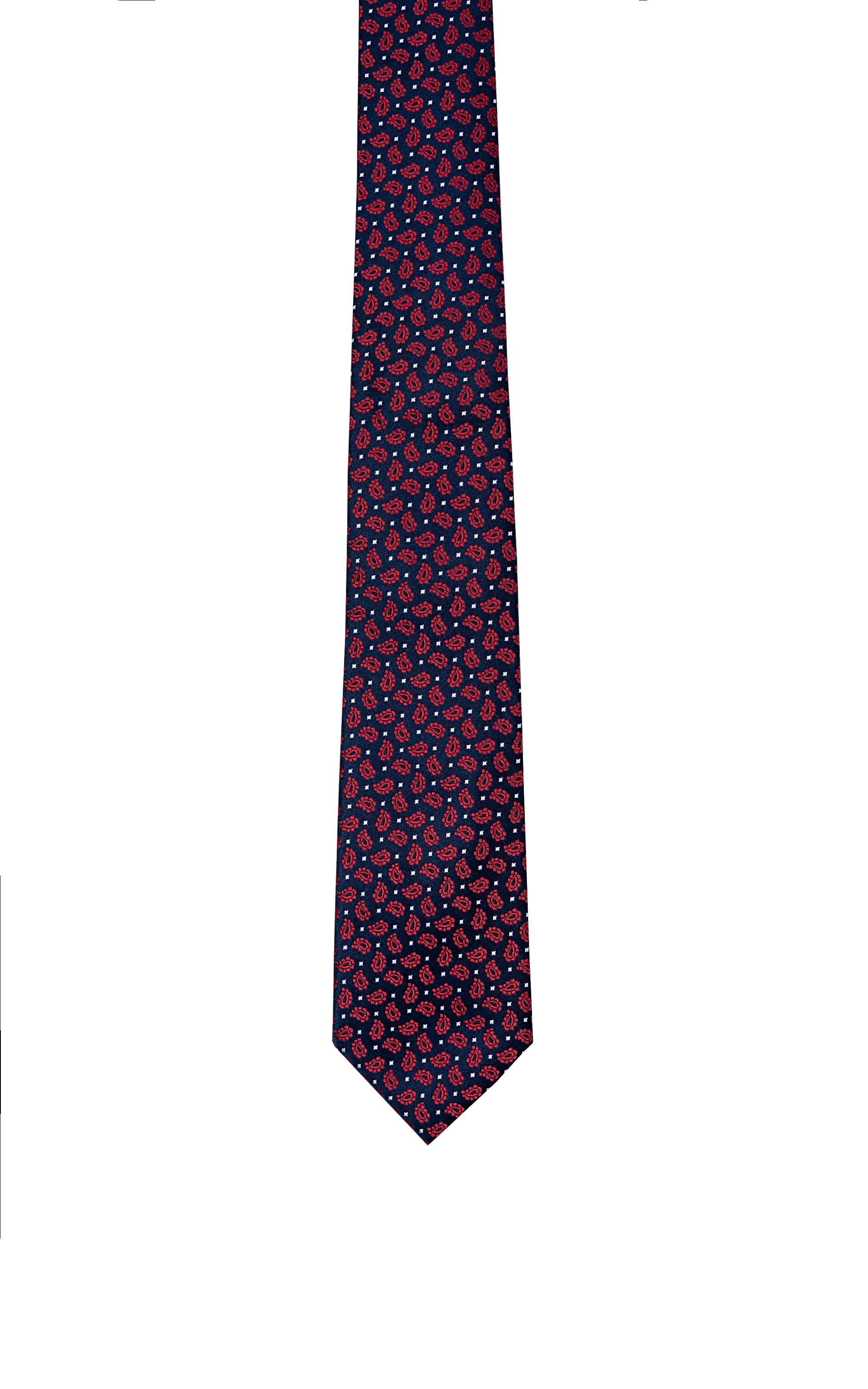 Poly silk tie with navy background and repeating small paisley dot pattern