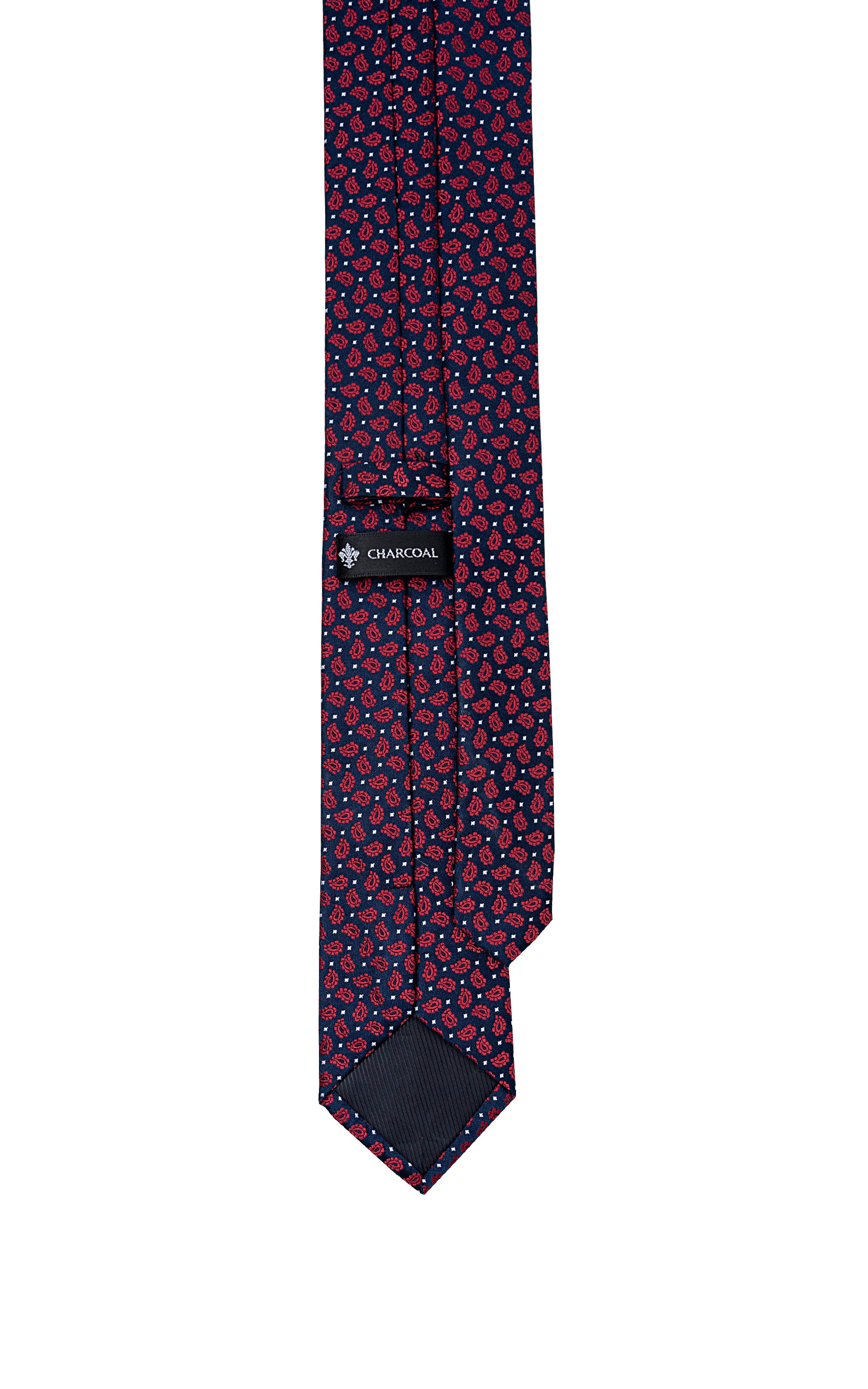 Poly silk tie tip showing navy and red small paisley dot pattern