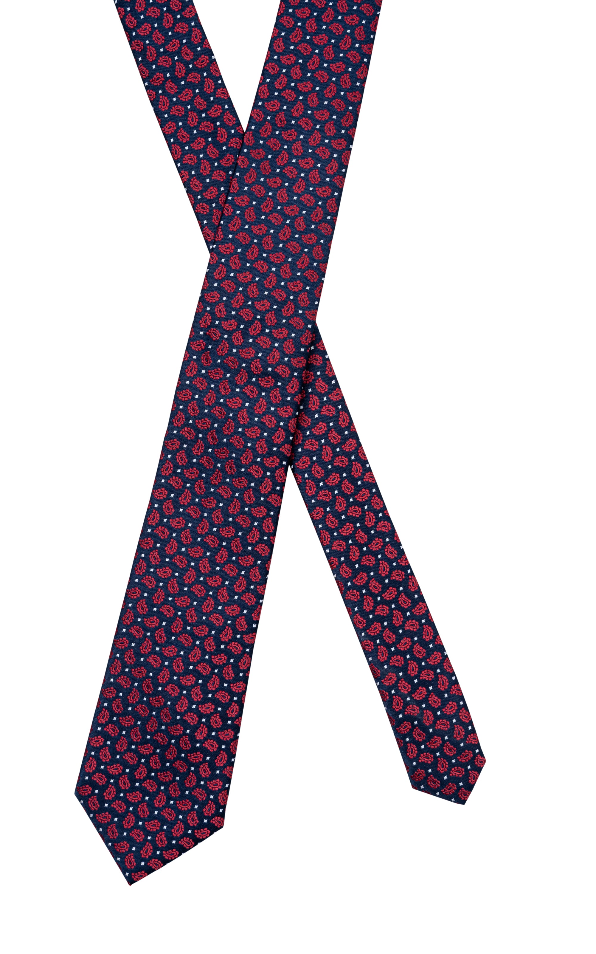 Poly silk tie in navy with red and blue small paisley dot pattern