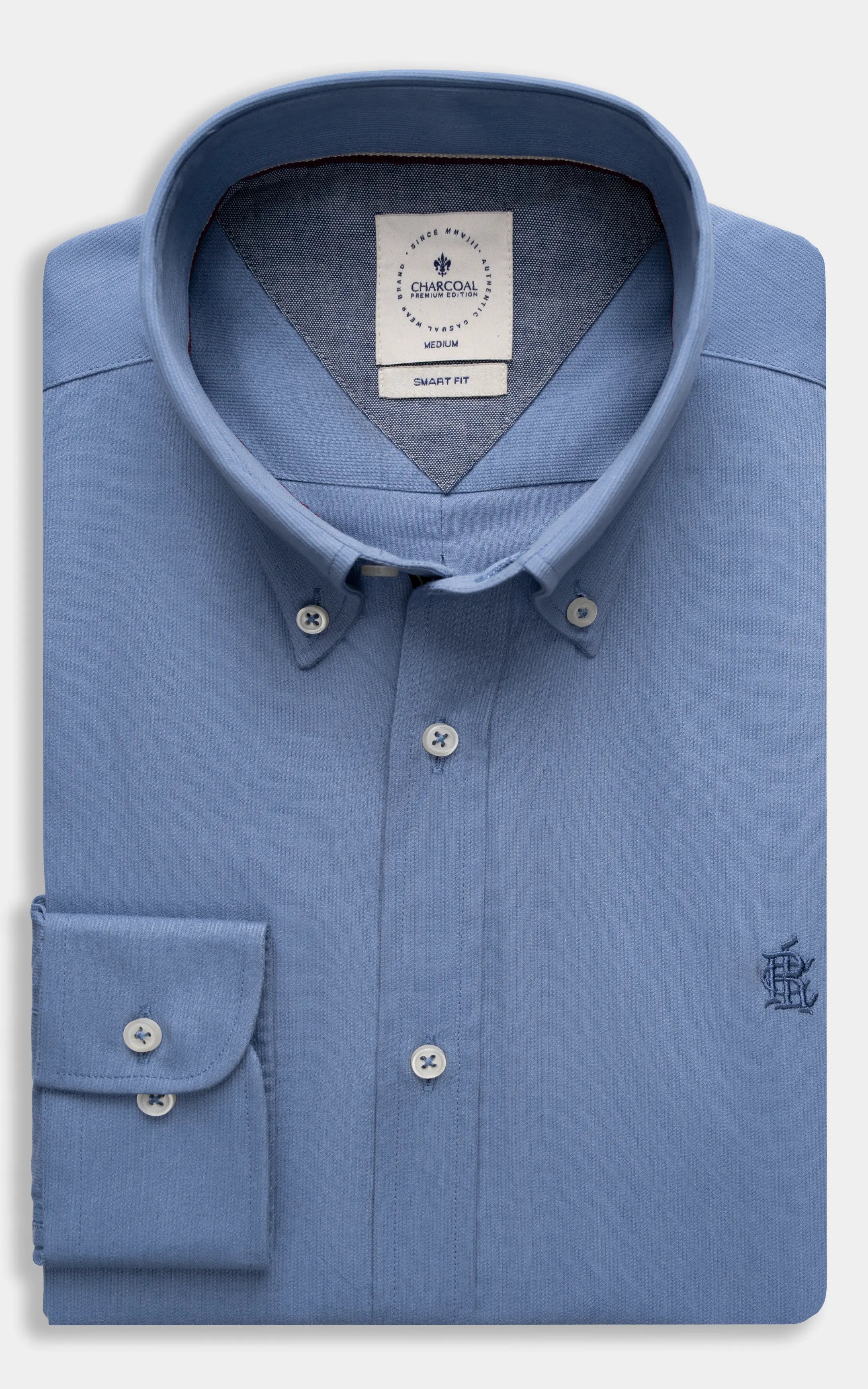 Sky blue button-down smart shirt with button placket and pointed collar