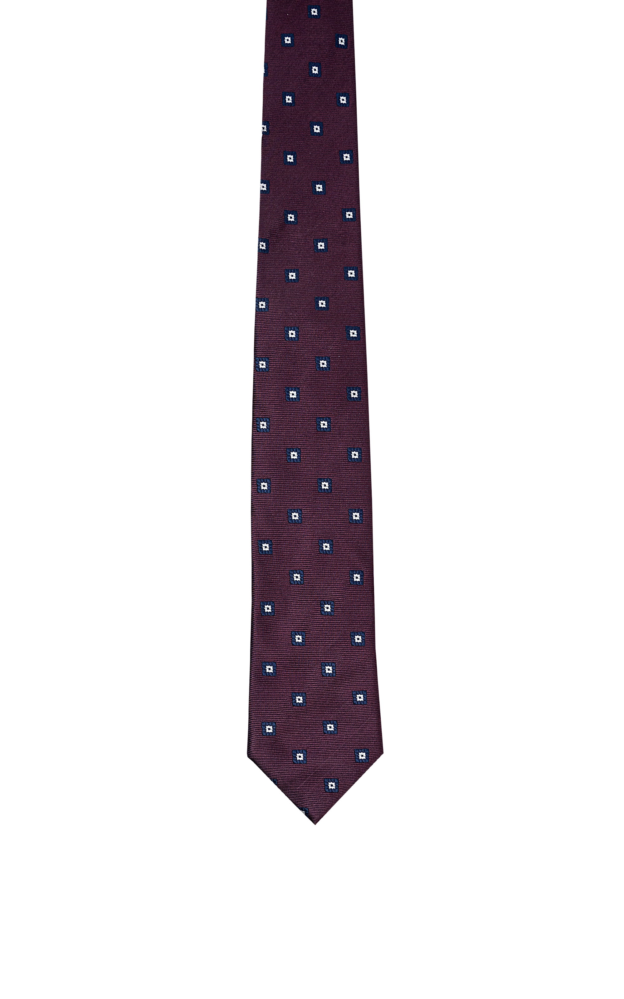 Poly silk tie, dark purple with small blue square motifs and pointed end