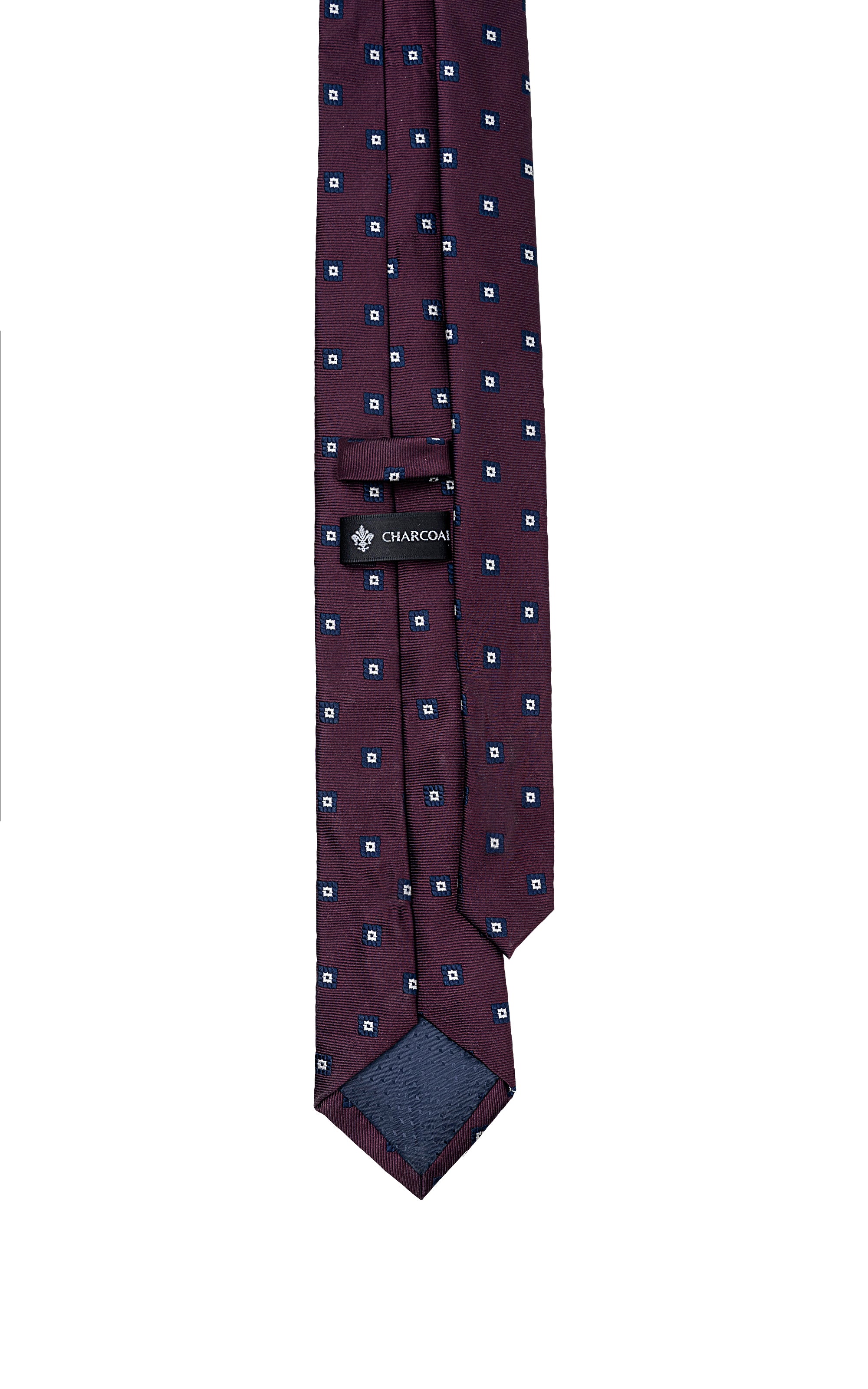 Poly silk tie, dark purple with repeating blue square motifs and brand label