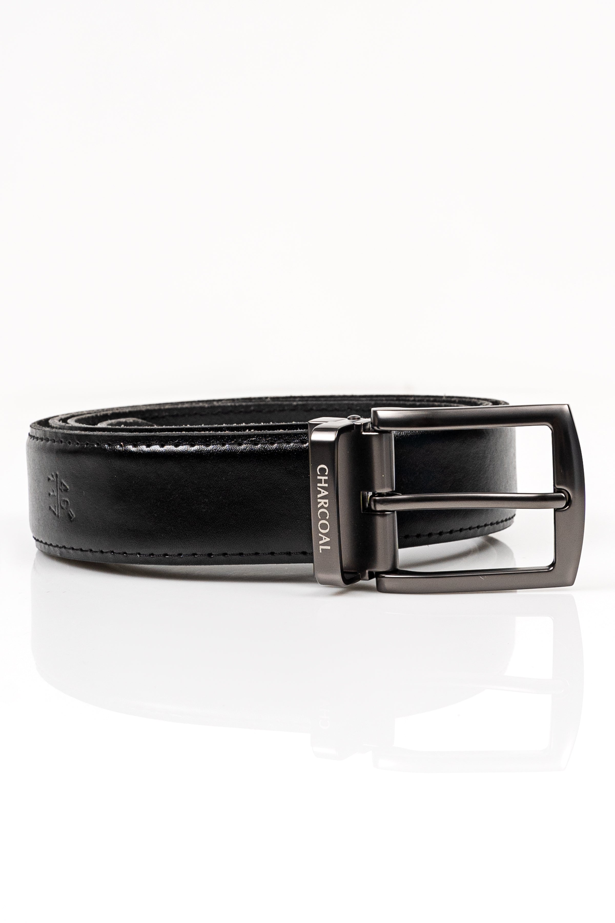 Black leather belt with silver square buckle and embossed brand tab.