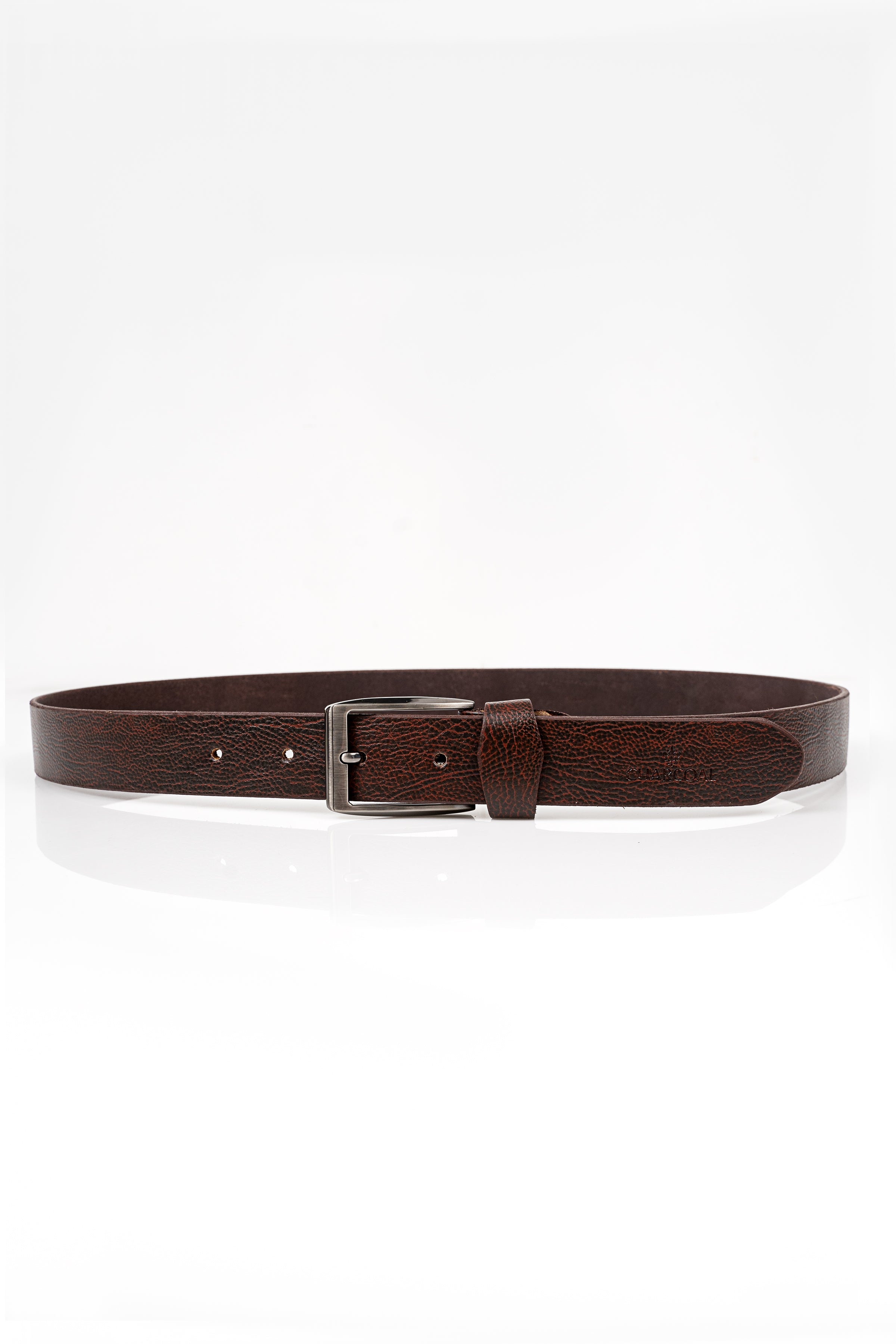 Dark brown leather casual belt with rectangular metal buckle and stitched holes