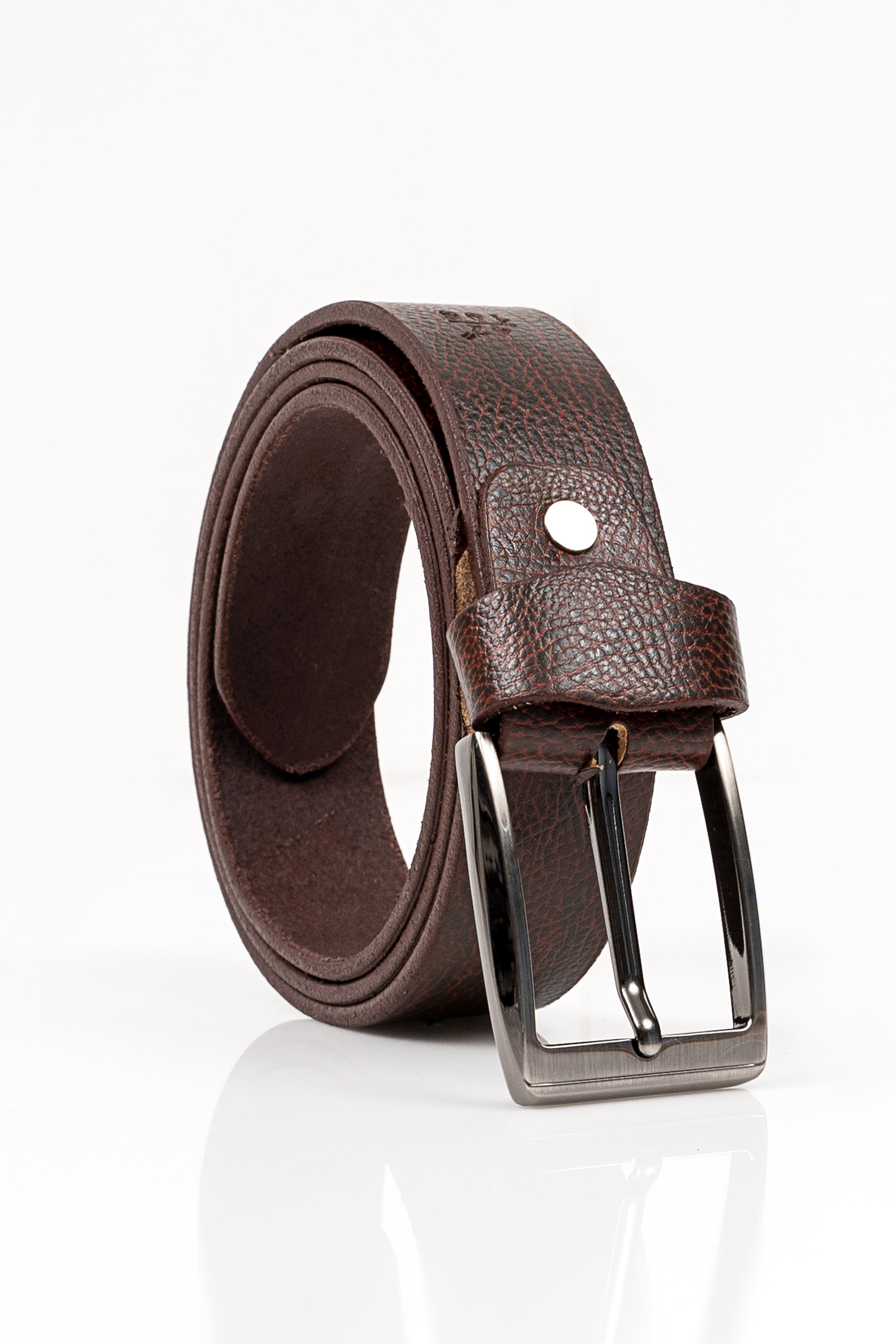 Dark brown leather belt with square keeper, silver buckle, and textured strap