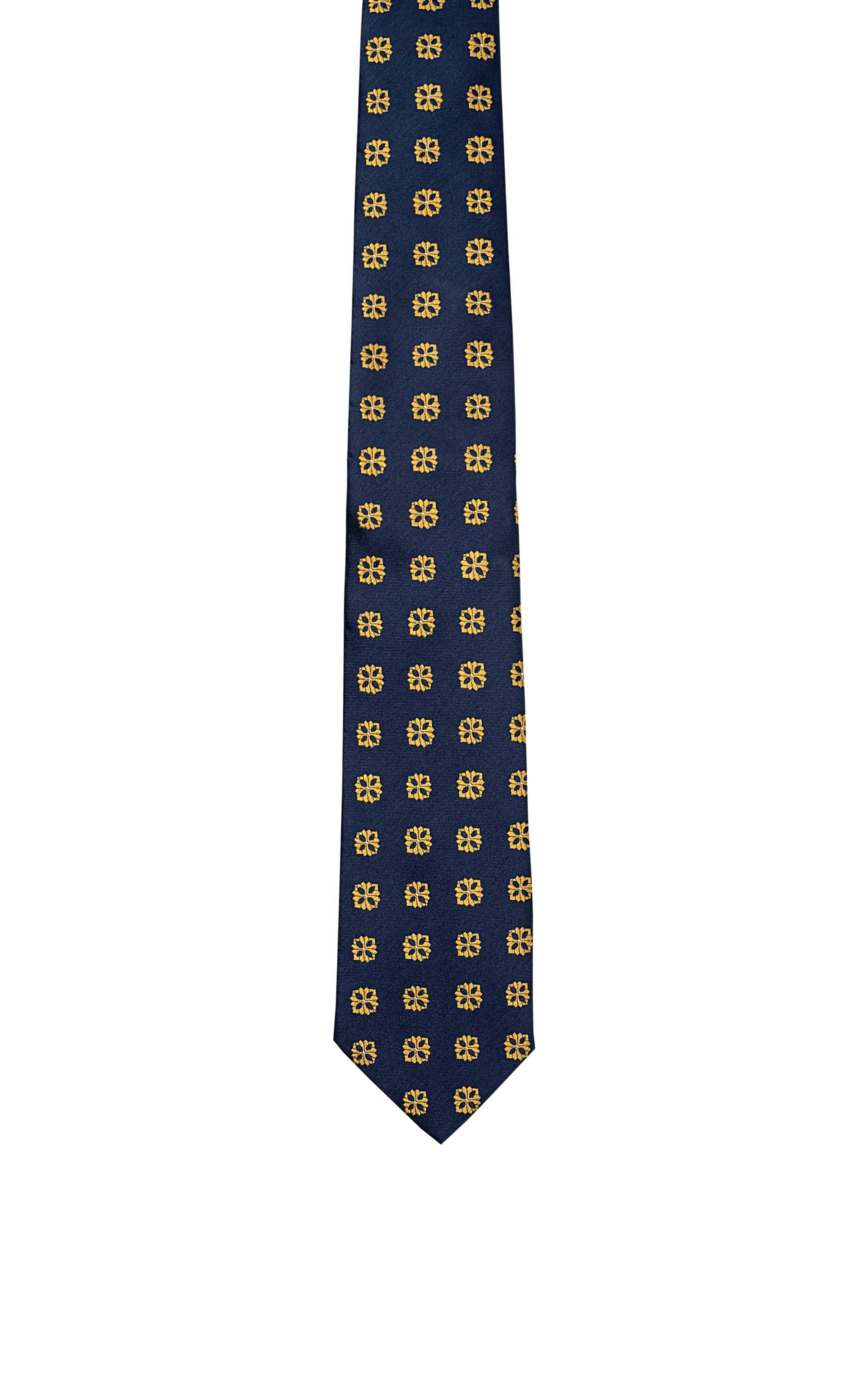 Navy poly-silk tie with repeating yellow quatrefoil pattern