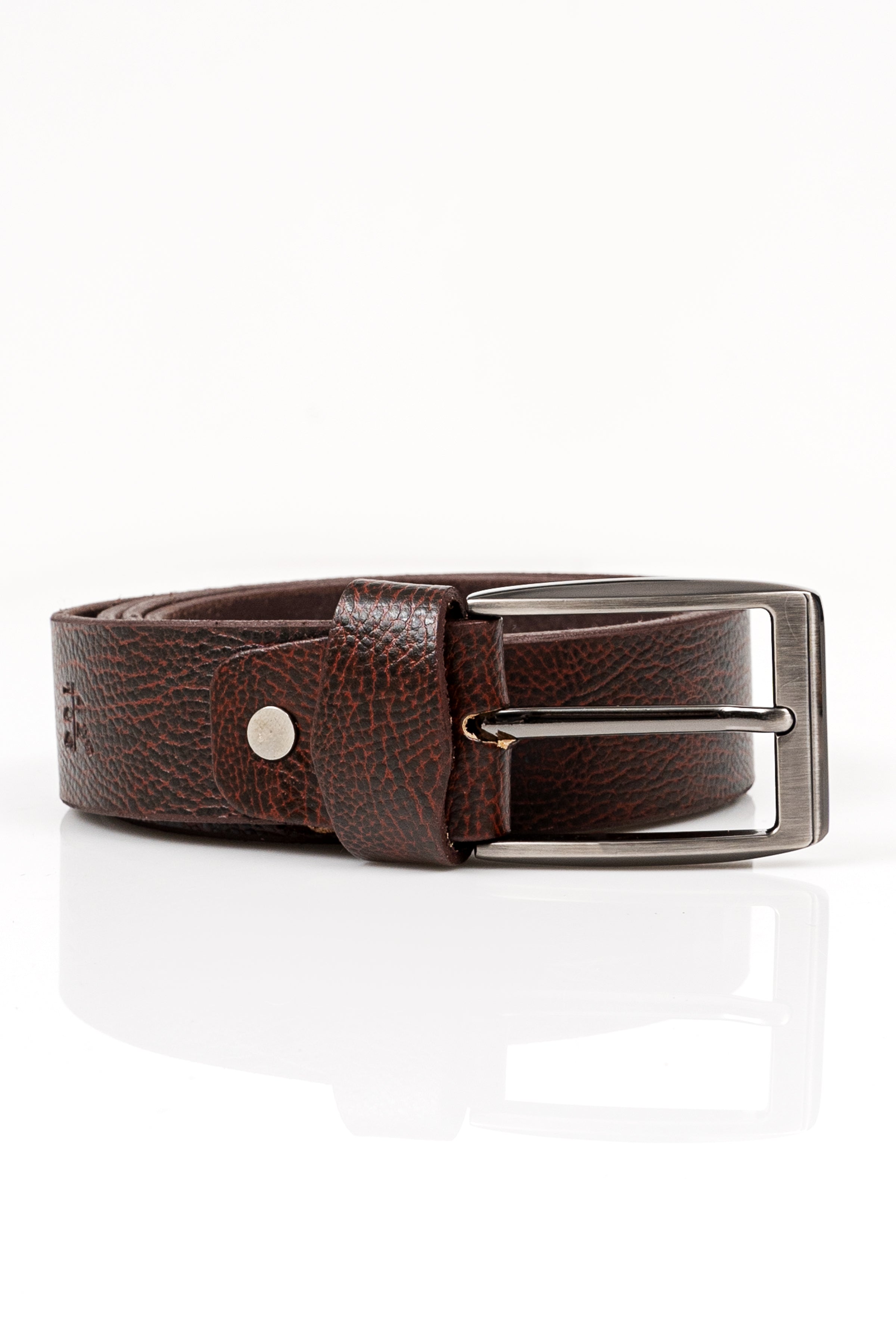 Dark brown leather casual belt with silver rectangular buckle and metal eyelet