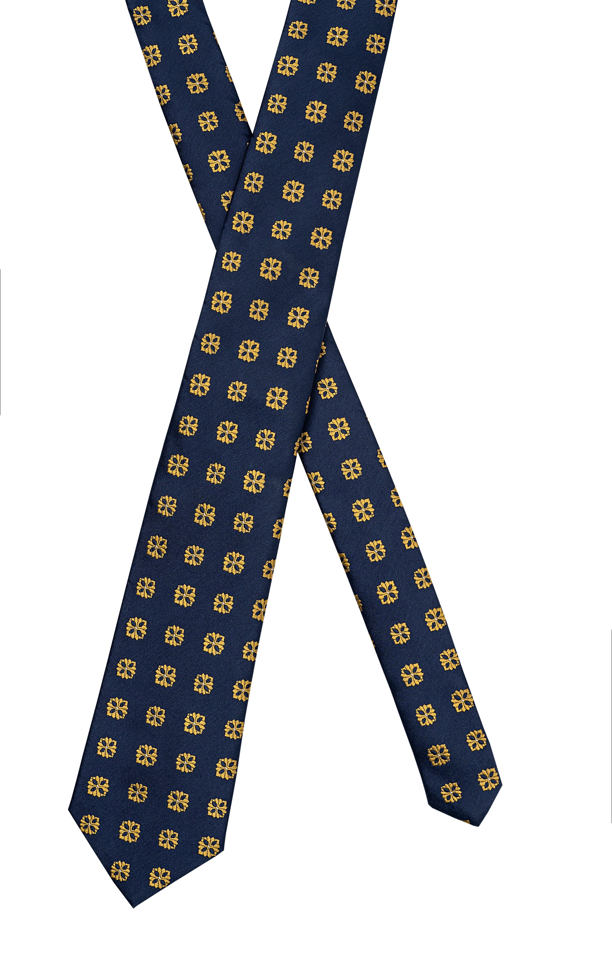 Navy poly-silk tie with scattered yellow four-petal medallion pattern