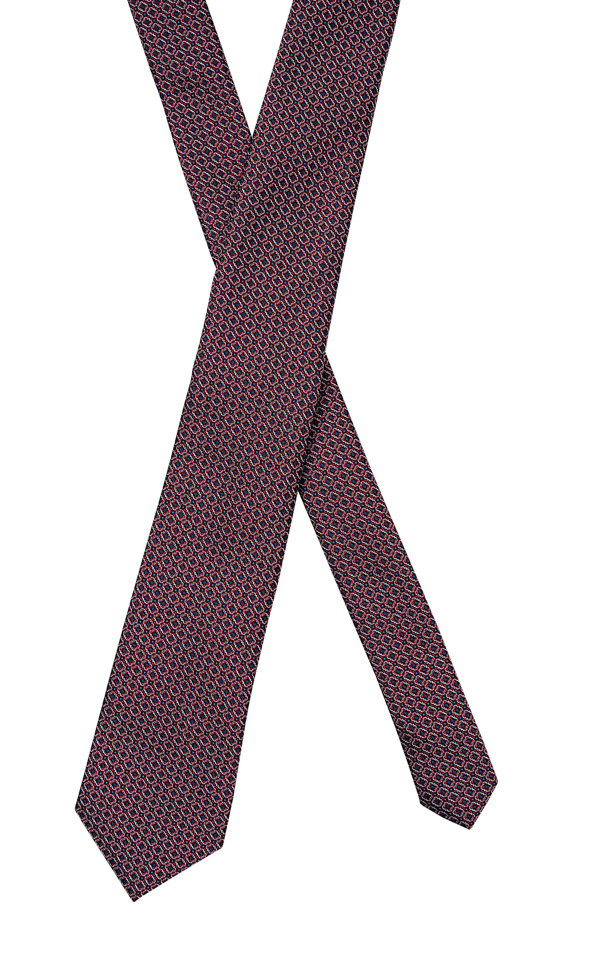 Poly silk tie, dark maroon micro geometric repeat, pointed ends